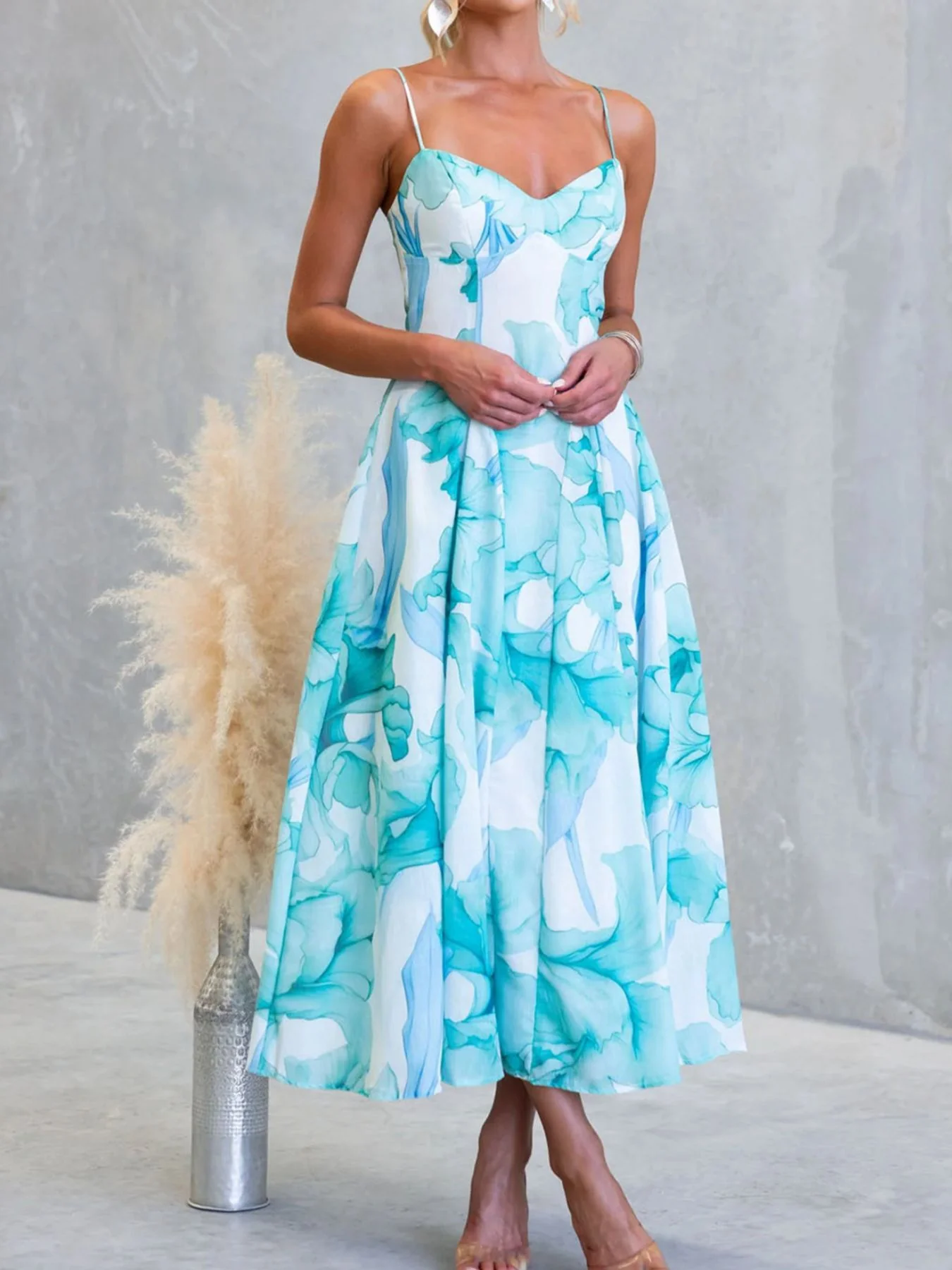 Floral Print Spaghetti Strap Midi Dress - Image 15