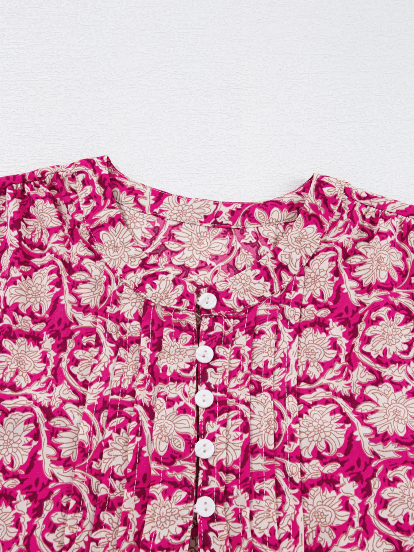 Floral Print Split Neck Pleated Long Sleeve Blouse - Image 13