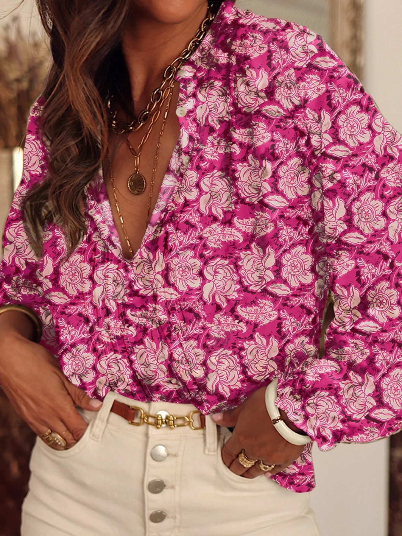 Floral Print Split Neck Pleated Long Sleeve Blouse - Image 4