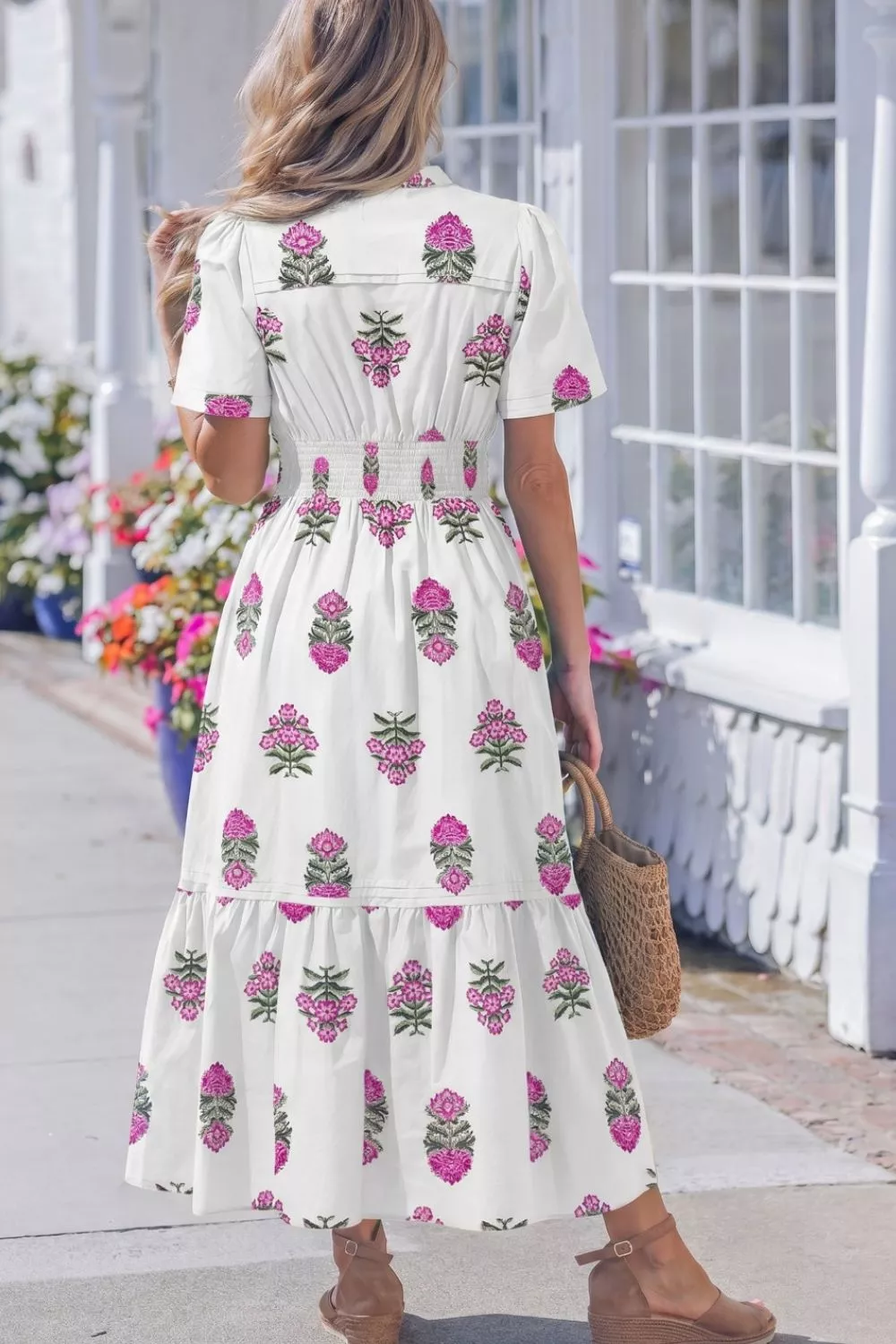 Floral Print Split Neck Shirred High Waist Ruffle Hem Midi Dress - Image 2