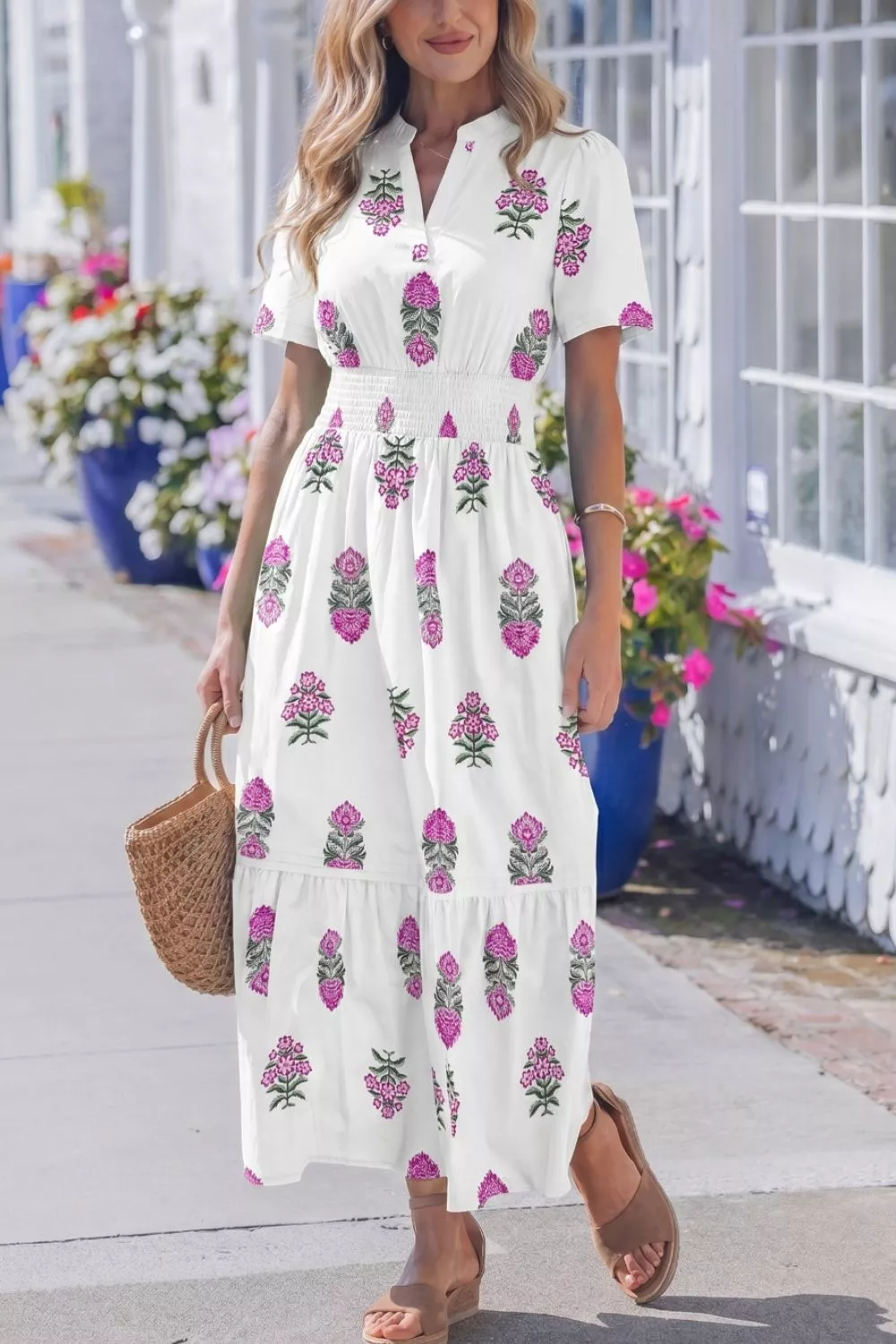 Floral Print Split Neck Shirred High Waist Ruffle Hem Midi Dress - Image 3