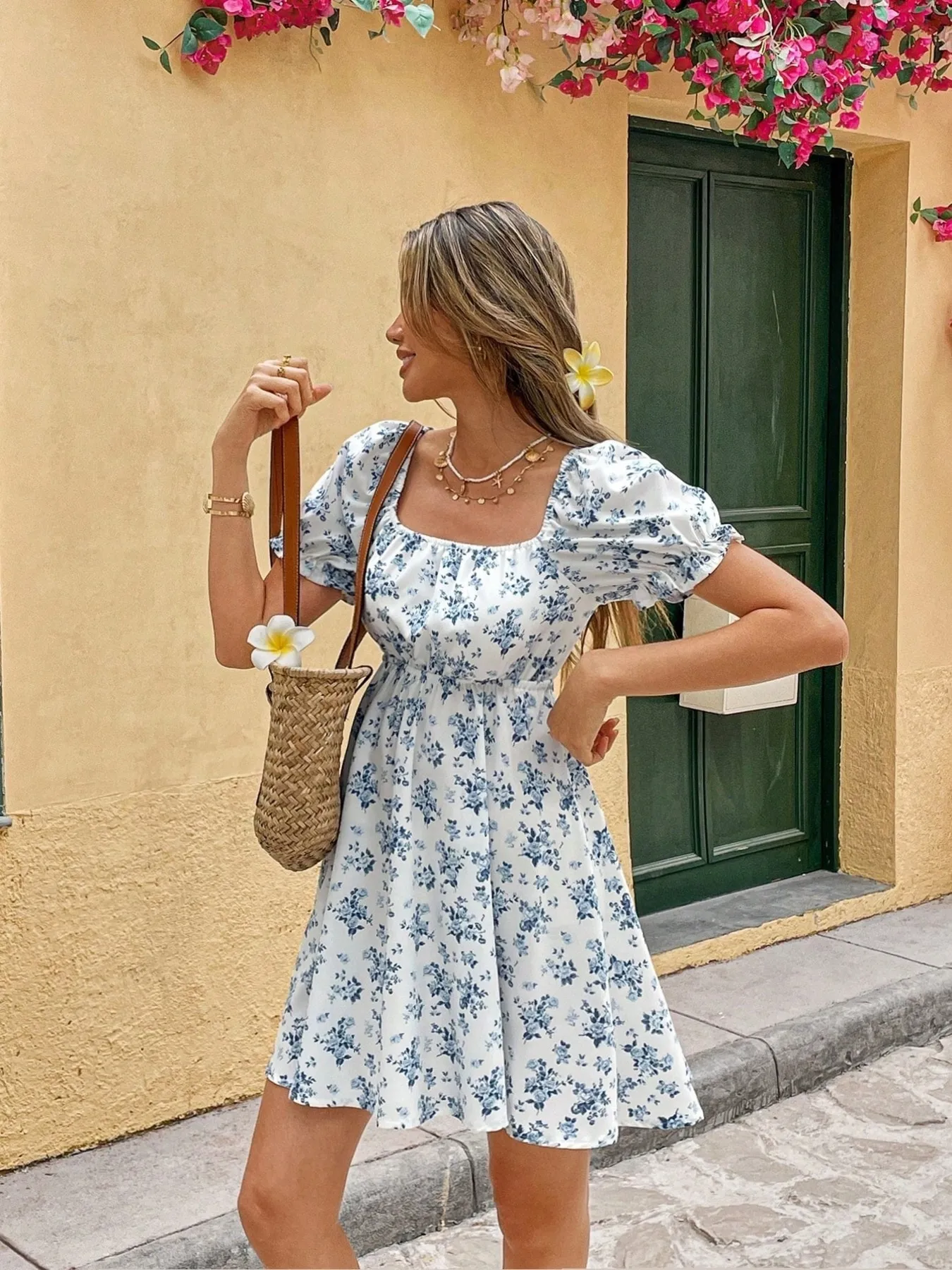Floral Print Square Neck Mini Dress - Image 5