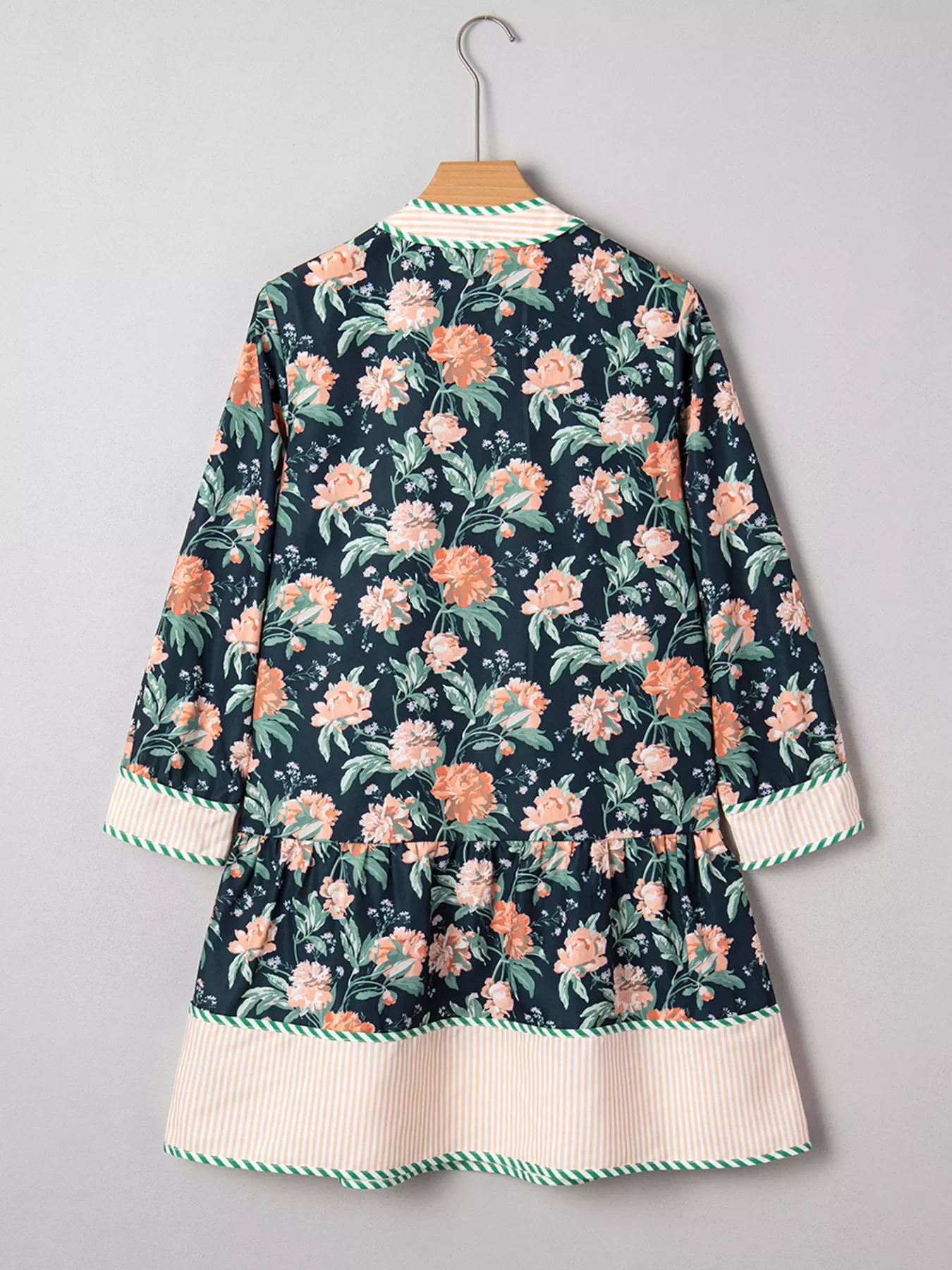 Floral Print Striped Trim V Neck Long Sleeve Ruffle Hem Shift Mini Dress - Image 7