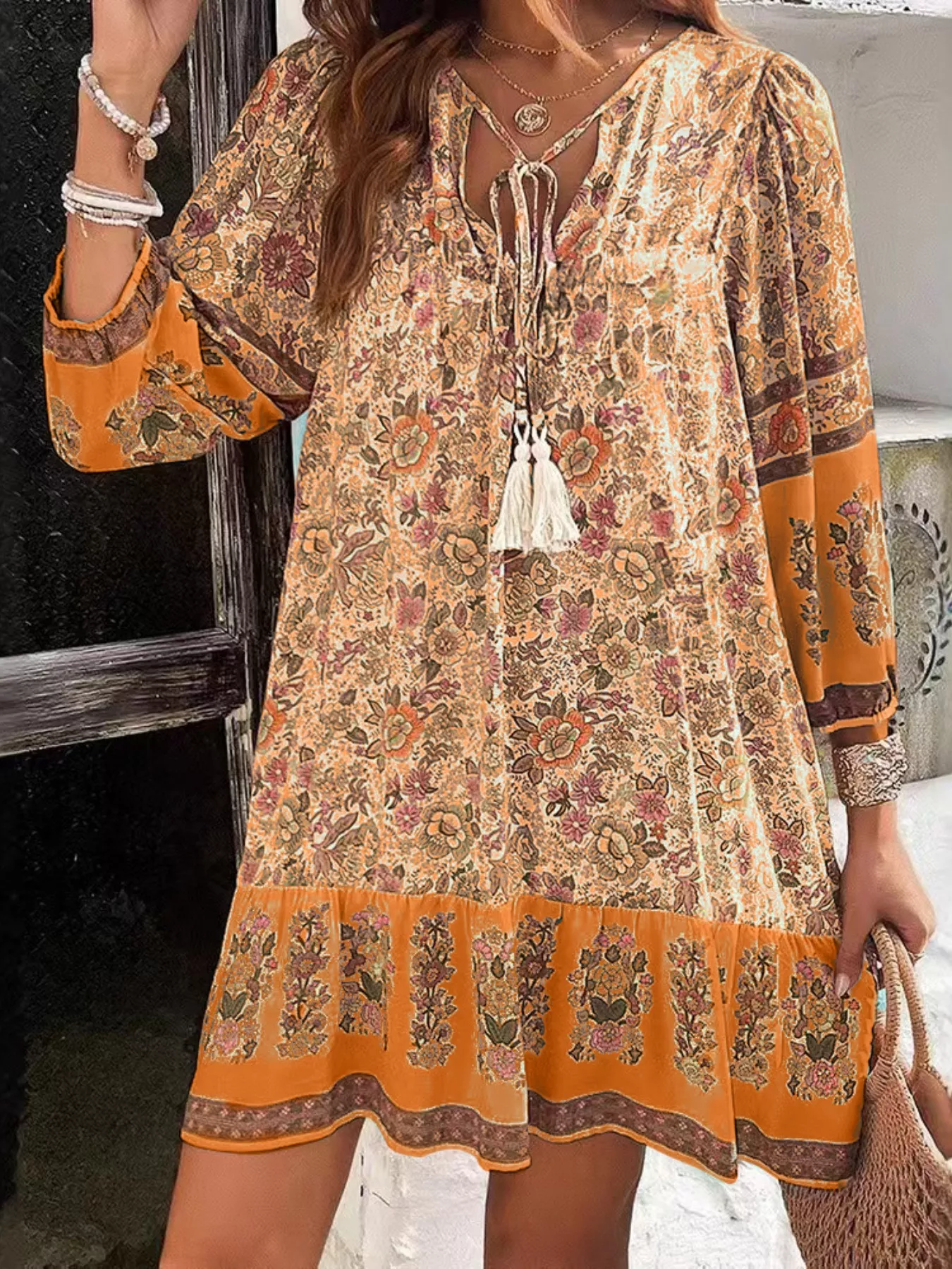 Floral Print Tassel Tie Neck Mini Dress - Image 13