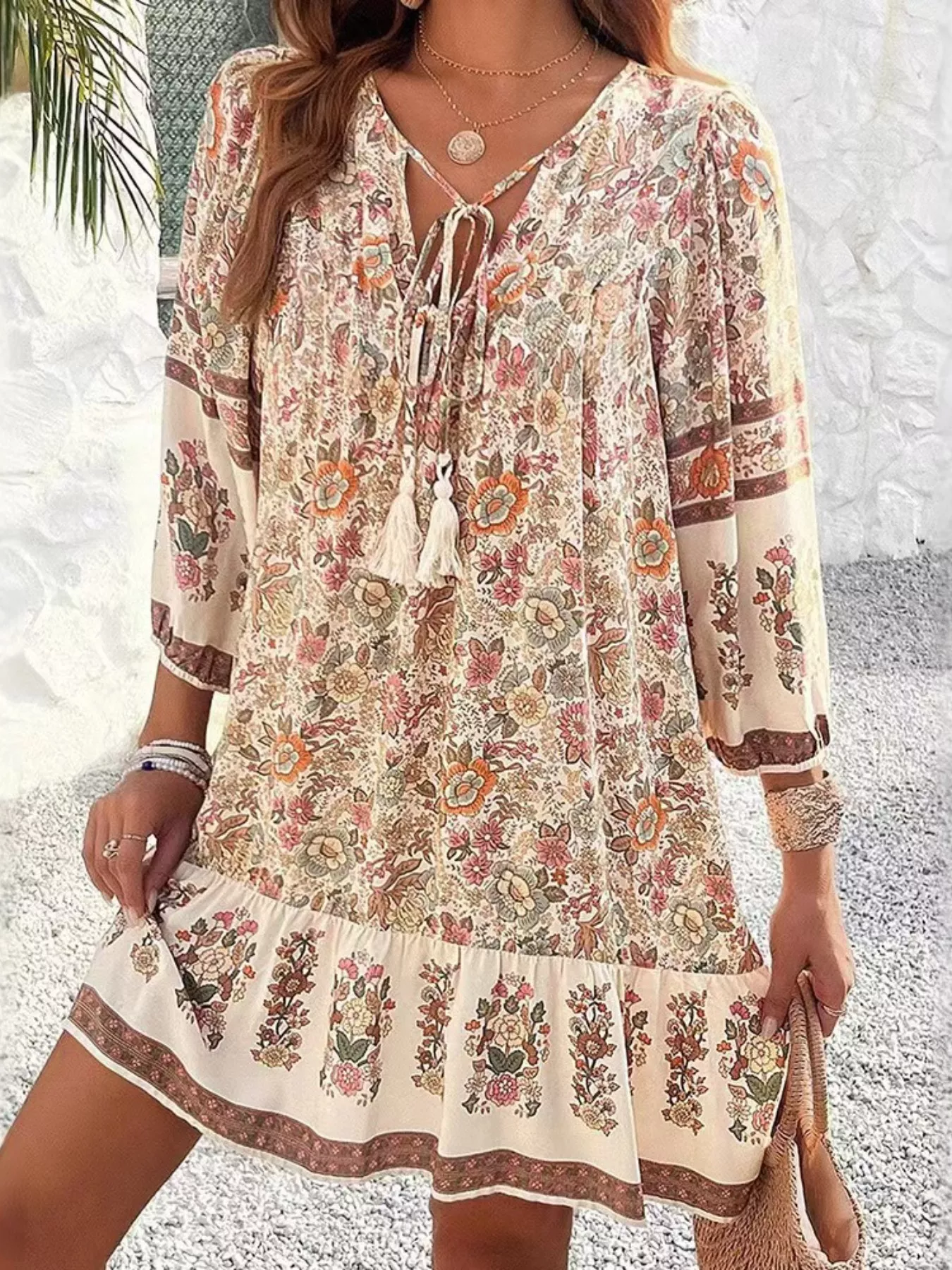 Floral Print Tassel Tie Neck Mini Dress - Image 20