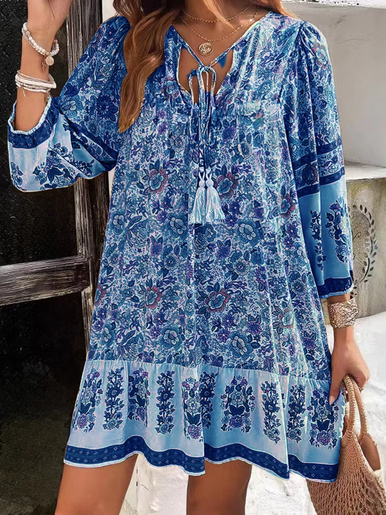 Floral Print Tassel Tie Neck Mini Dress - Image 22