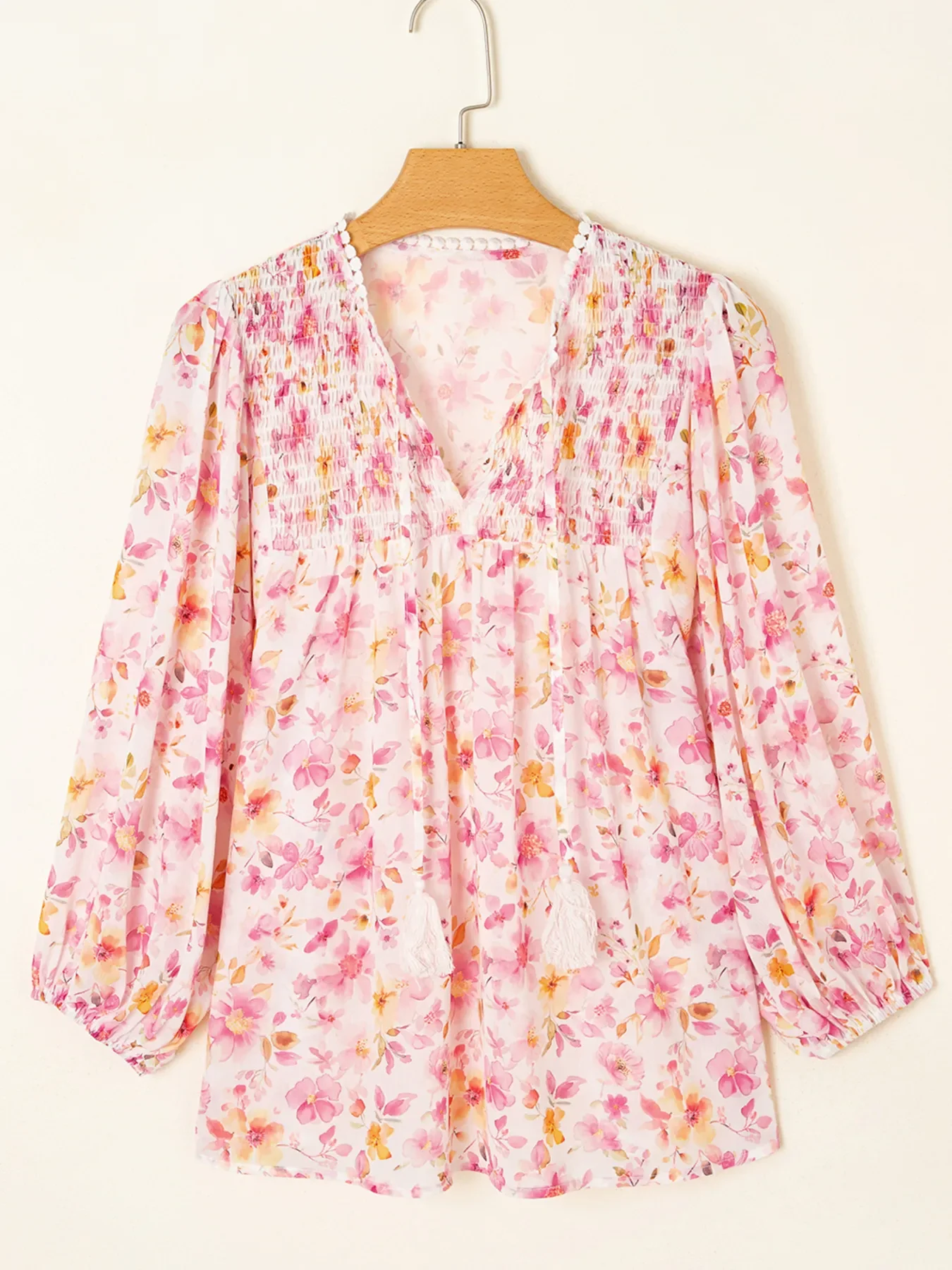 Floral Print Tassel Tie Smocked Puff Sleeve Blouse - Image 2