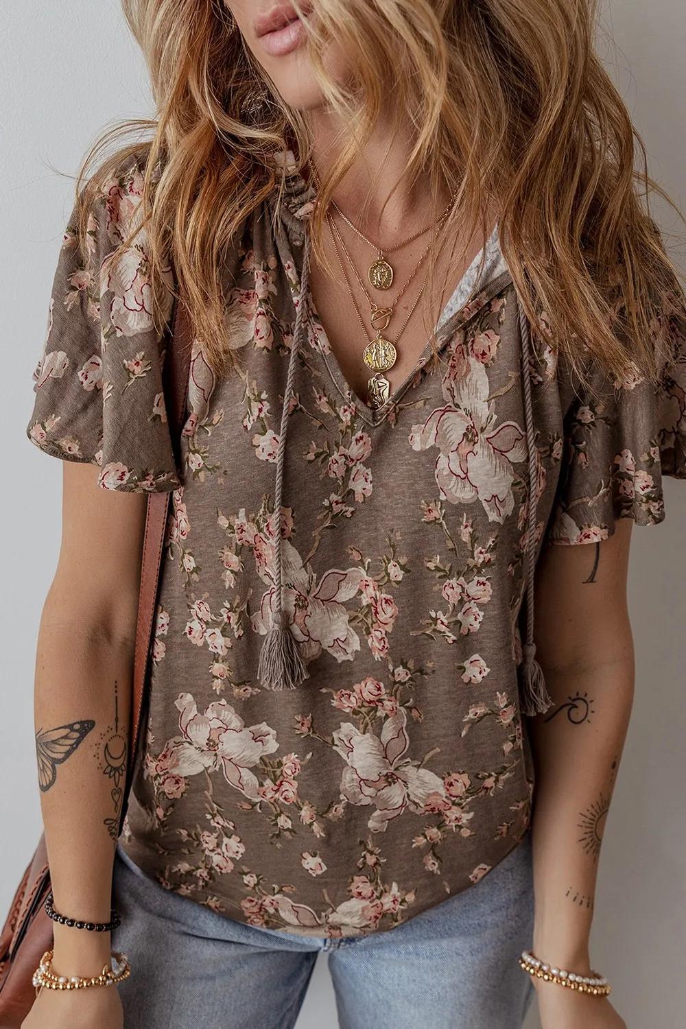 Floral Print Tassel Tie Split Neck Short Sleeve Blouse - Image 2
