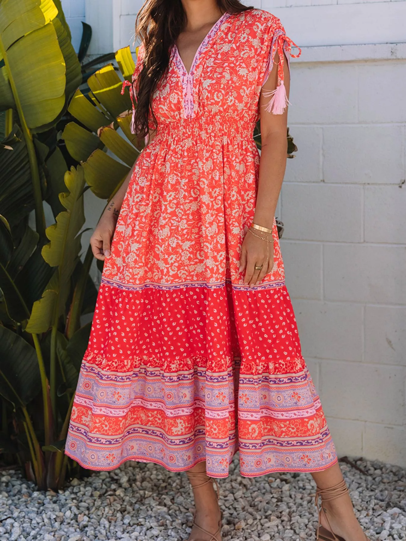 Floral Print Tasseled Tied Sleeve Empire Waist Dress - Image 2