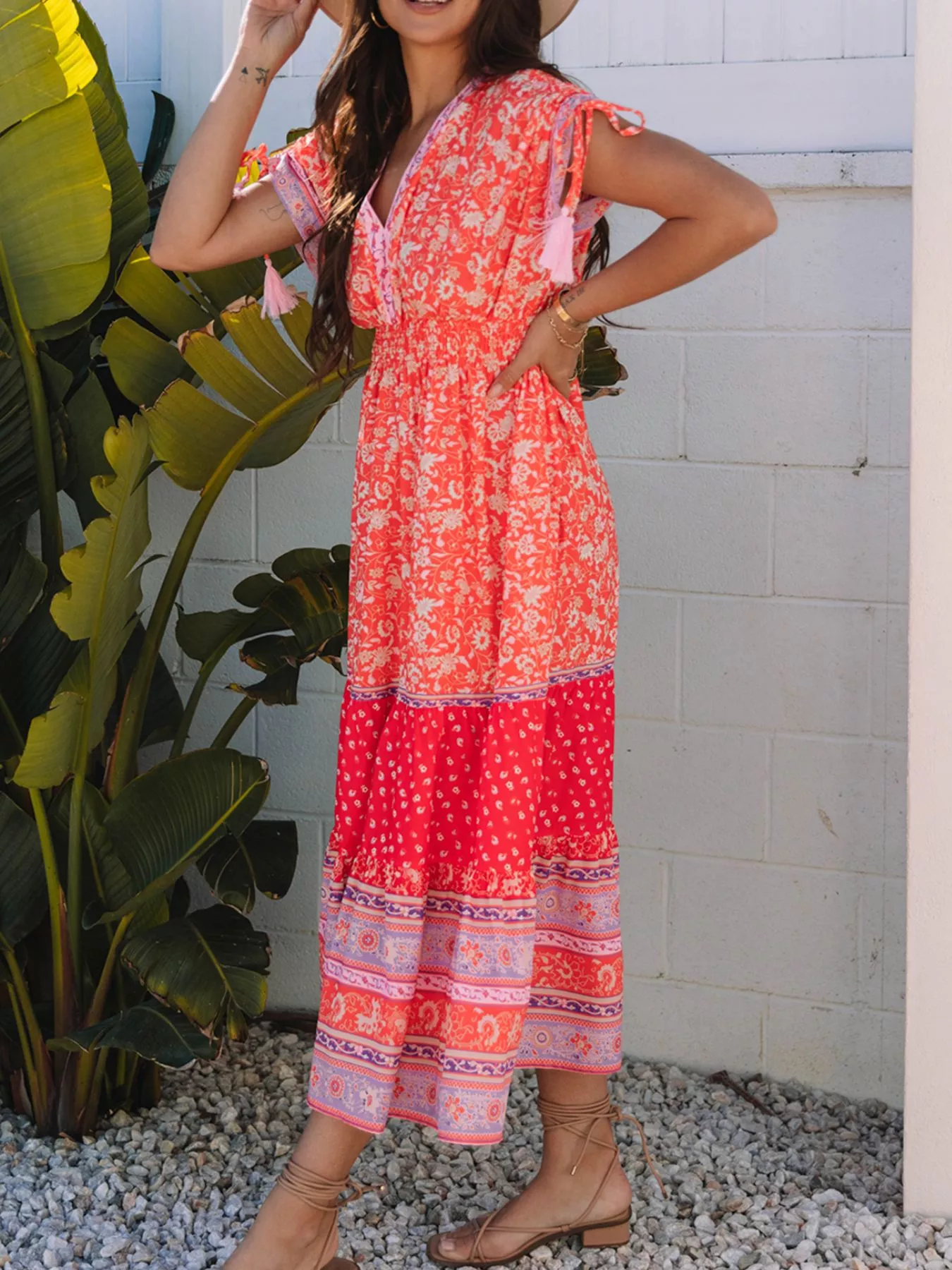 Floral Print Tasseled Tied Sleeve Empire Waist Dress - Image 4