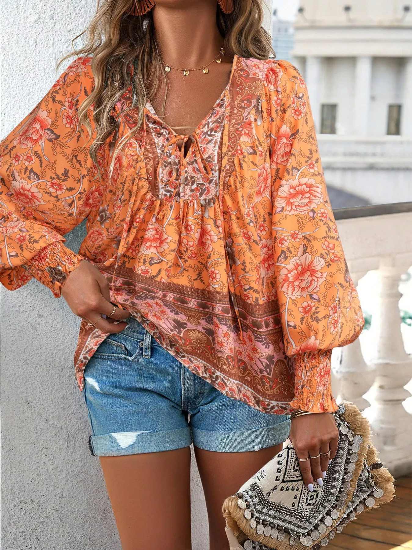 Floral Print Tie Neck Bohemian Blouse - Image 13