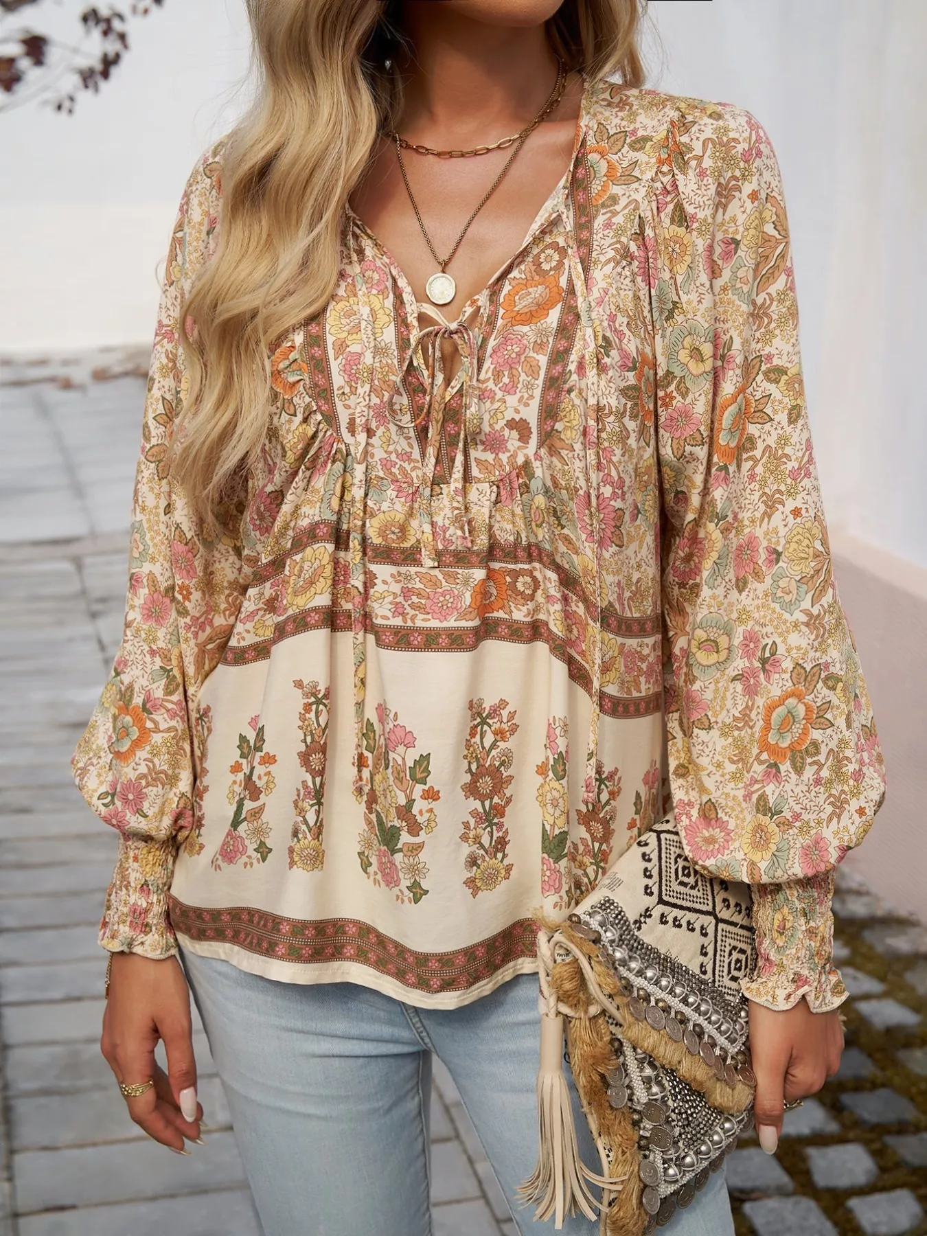 Floral Print Tie Neck Bohemian Blouse - Image 14