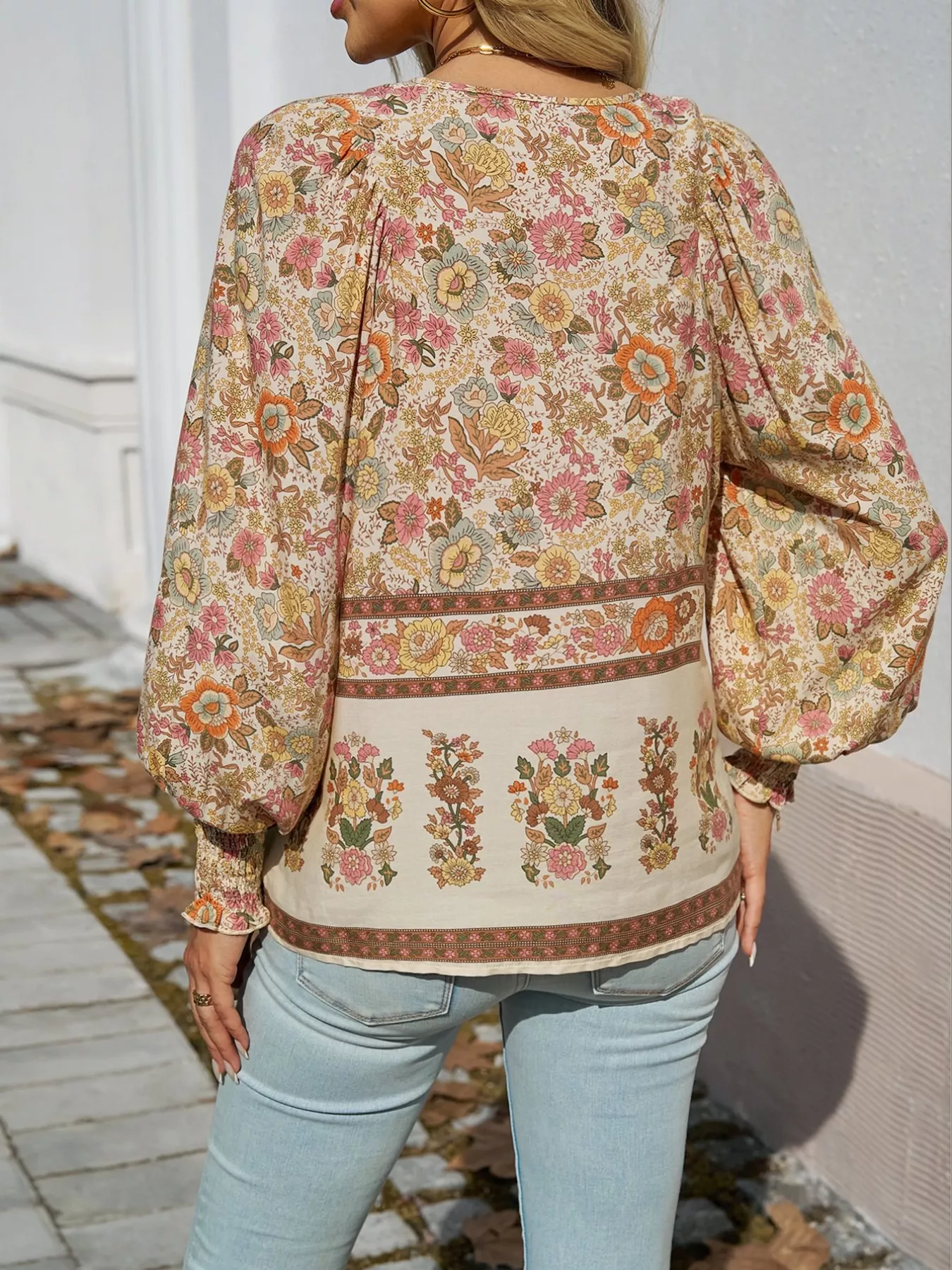 Floral Print Tie Neck Bohemian Blouse - Image 15