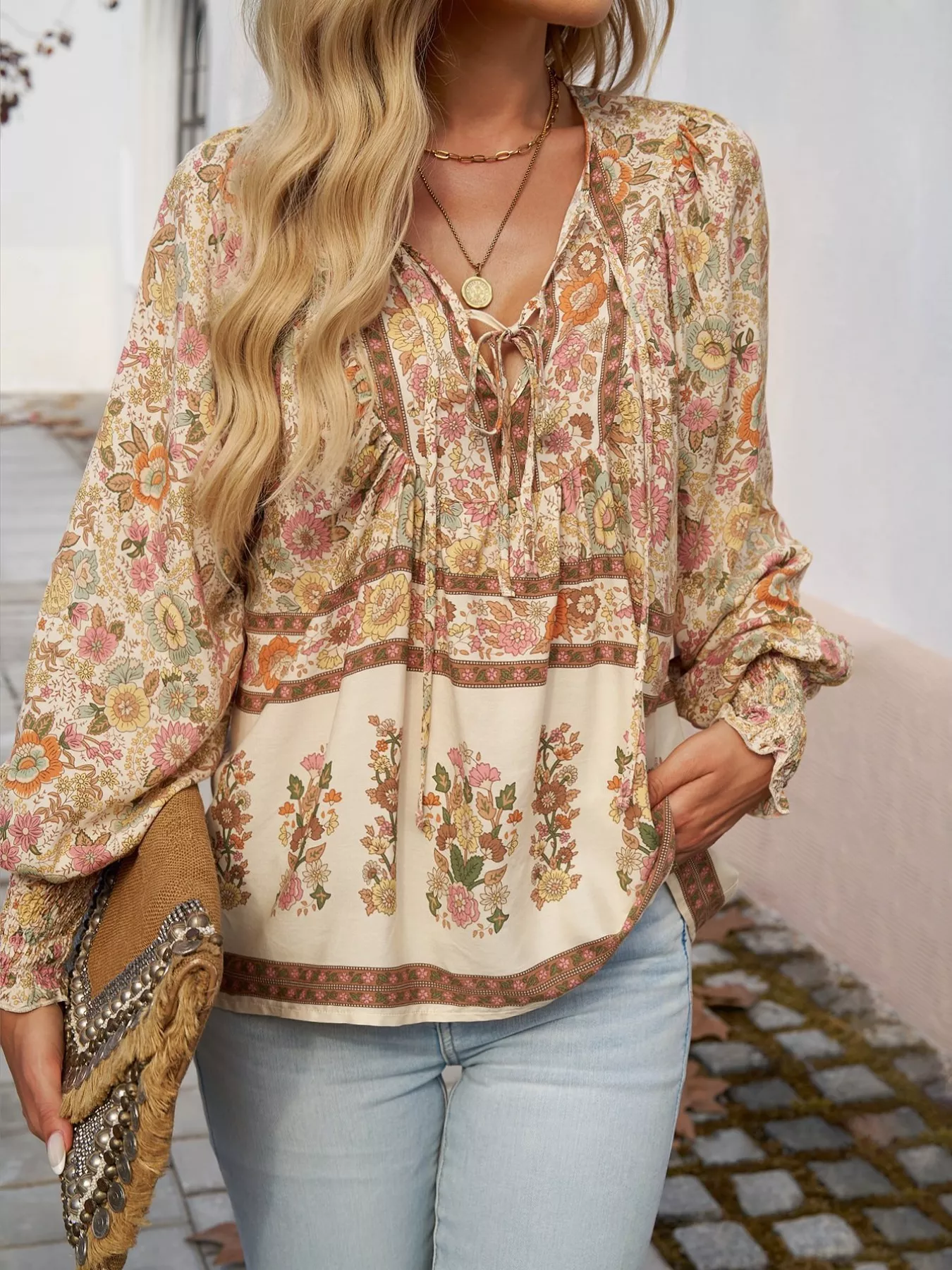 Floral Print Tie Neck Bohemian Blouse - Image 17