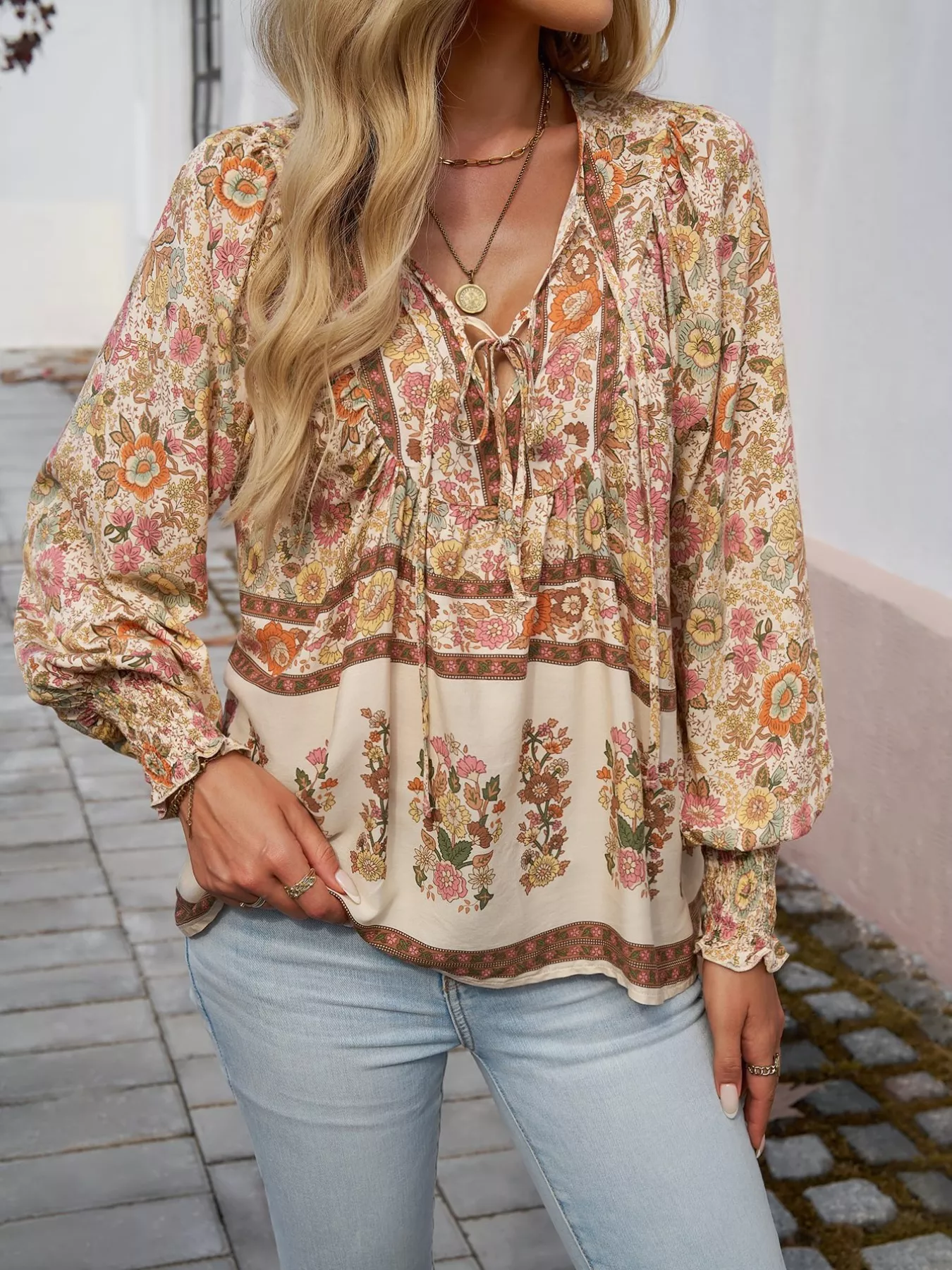 Floral Print Tie Neck Bohemian Blouse - Image 18