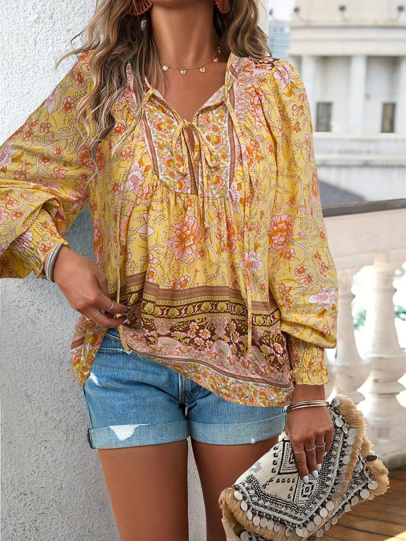 Floral Print Tie Neck Bohemian Blouse - Image 21