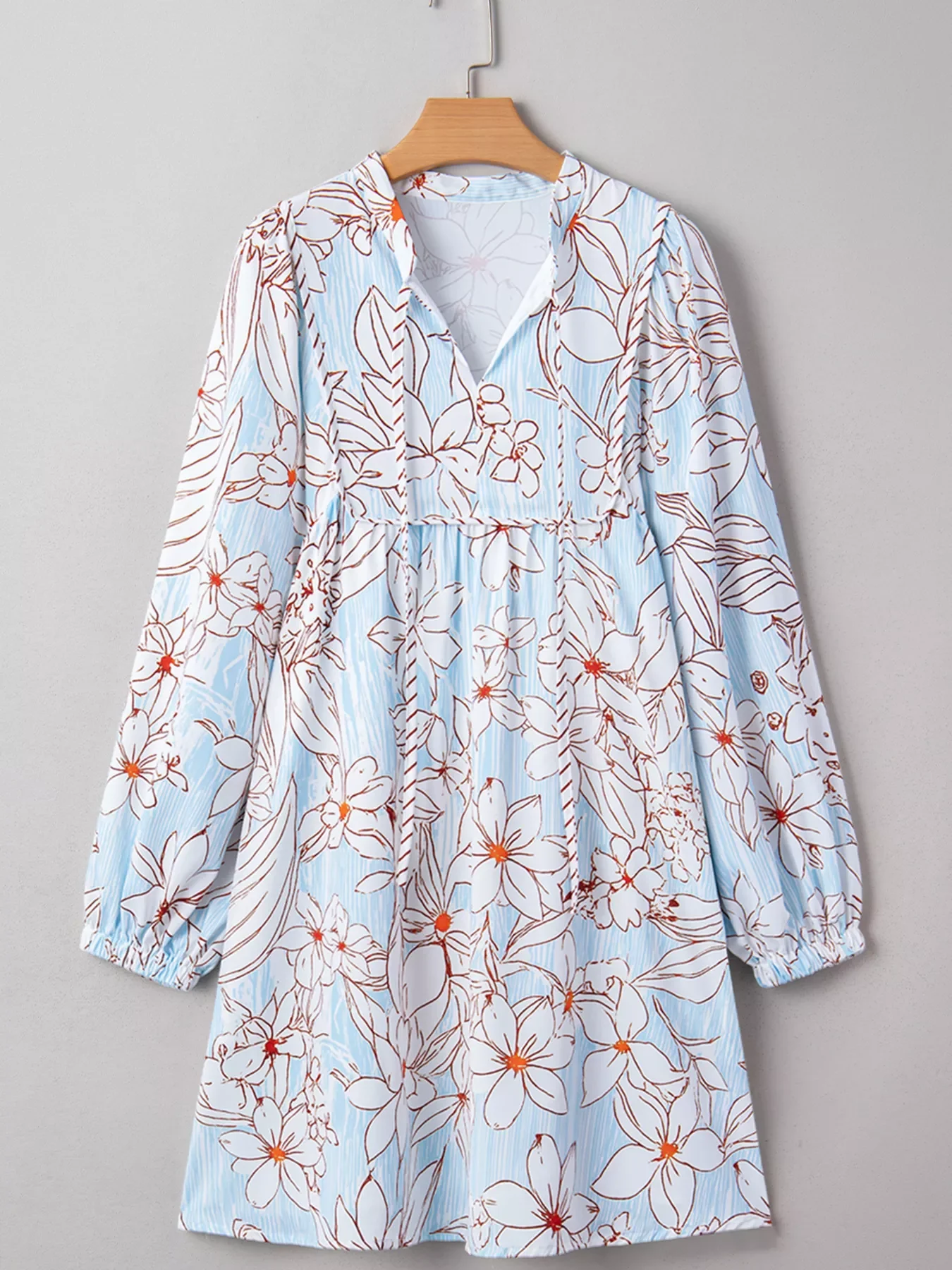 Floral Print Tie Neck Long Sleeve Mini Dress - Image 3