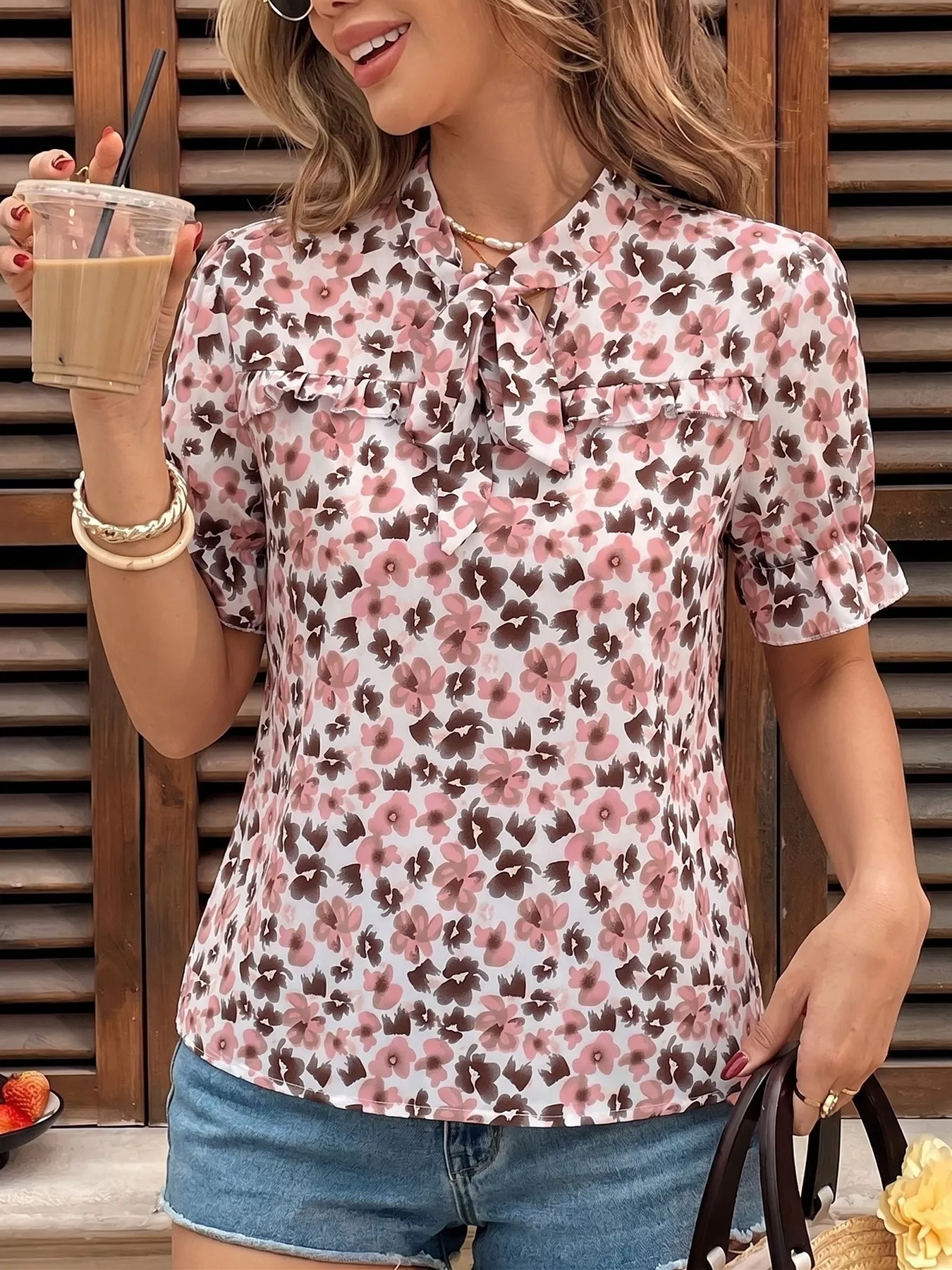 Floral Print Tie Neck Ruffle Blouse - Image 3