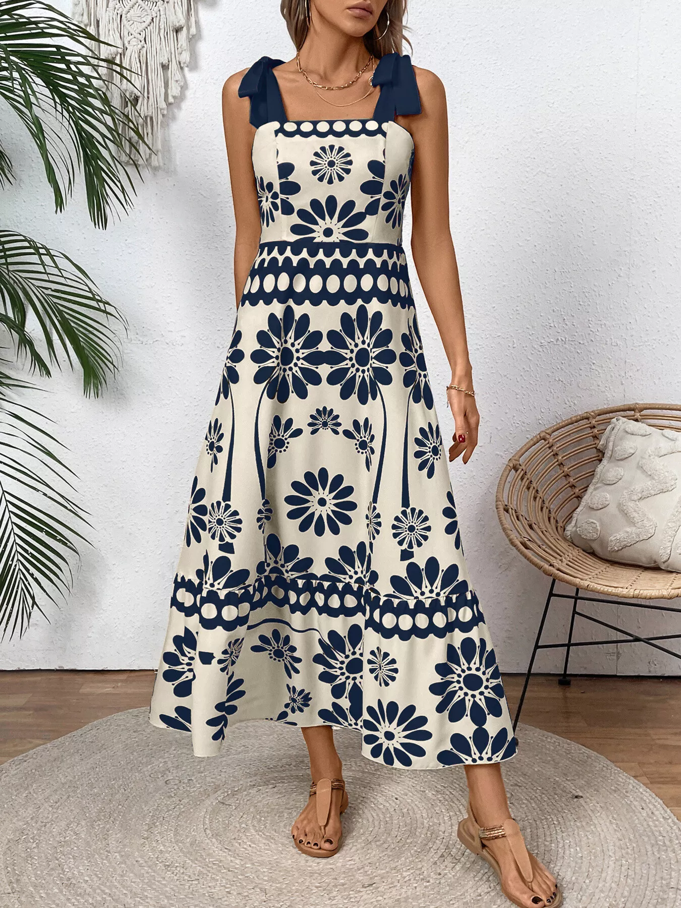 Floral Print Tie-Shoulder Midi Dress - Image 6