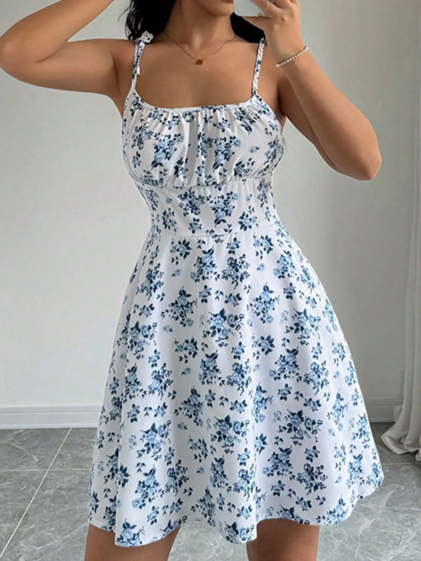 Floral Print Tie Strap Mini Dress - Image 16