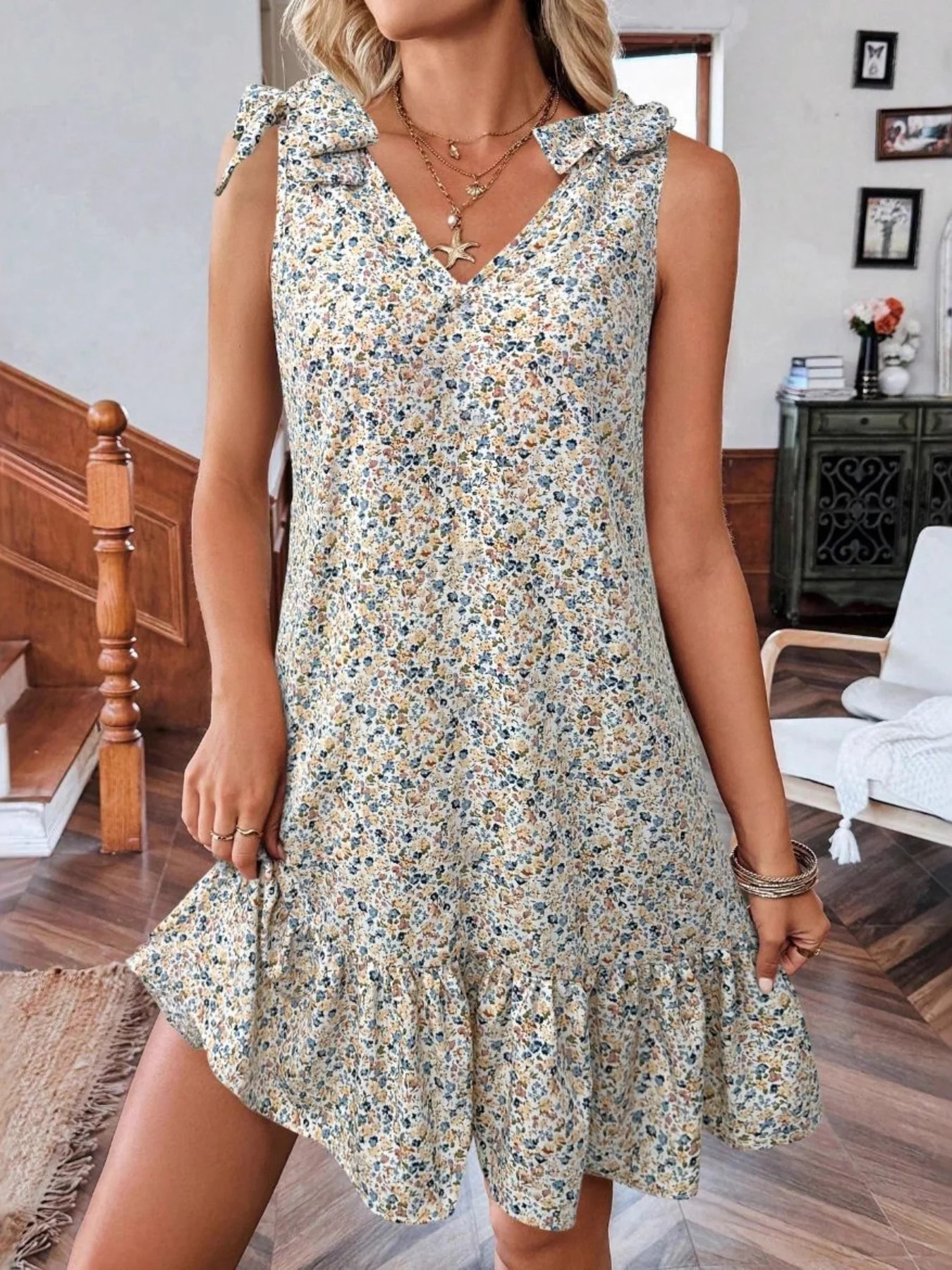 Floral Print Tie Strap Ruffle Hem Mini Dress - Image 6