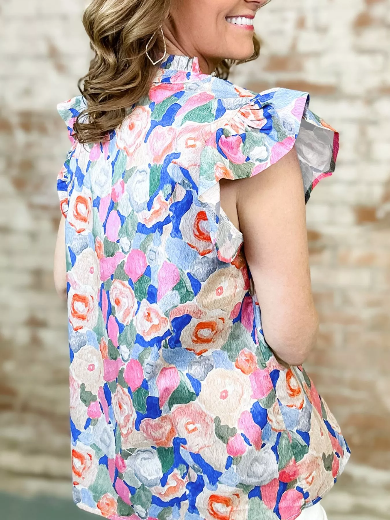Floral Print Tie V Neck Contrast Detail Ruffle Short Sleeve Blouse - Image 2
