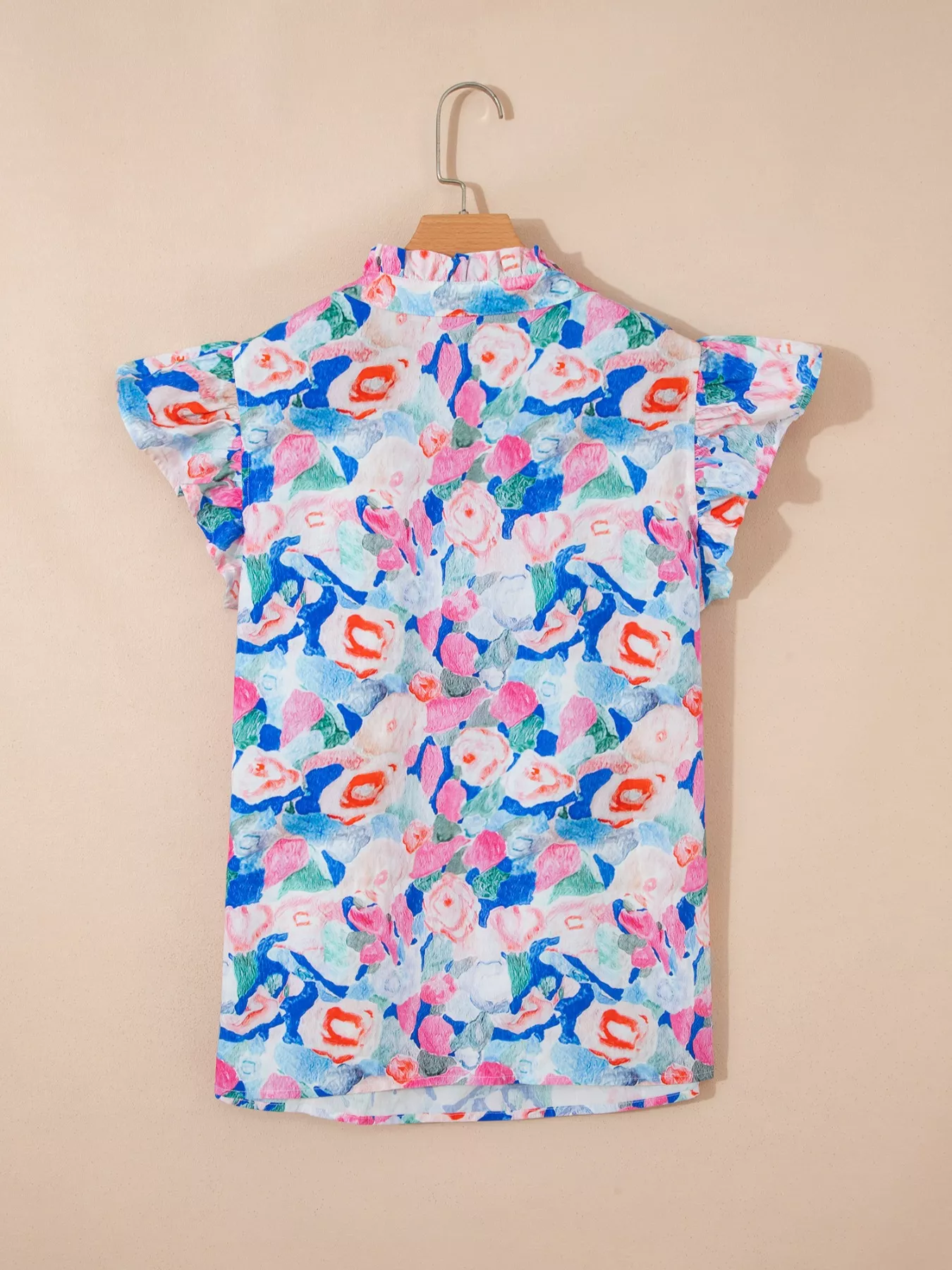 Floral Print Tie V Neck Contrast Detail Ruffle Short Sleeve Blouse - Image 4