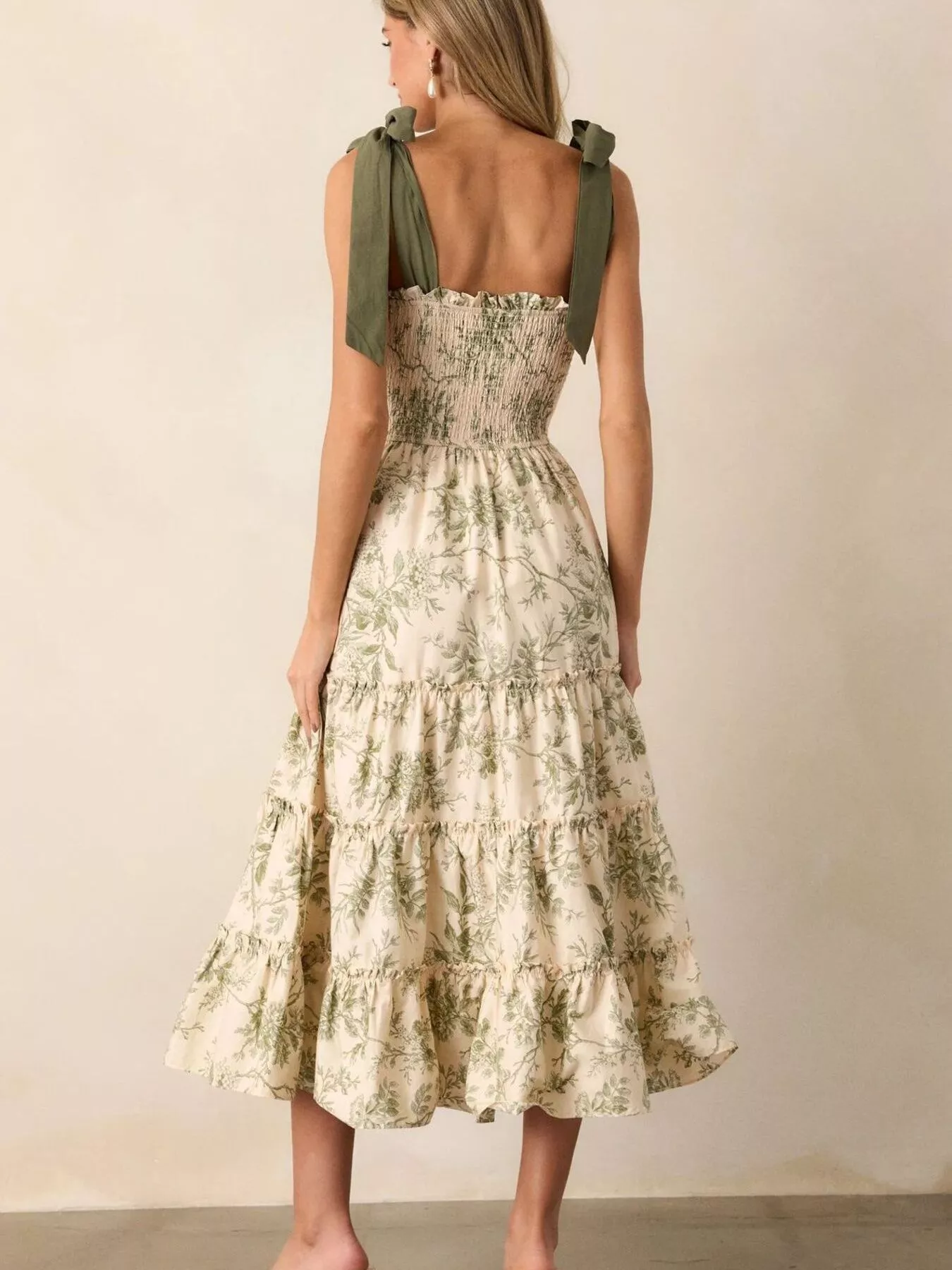 Floral Print Tiered Midi Dress with Tie Straps - Image 2