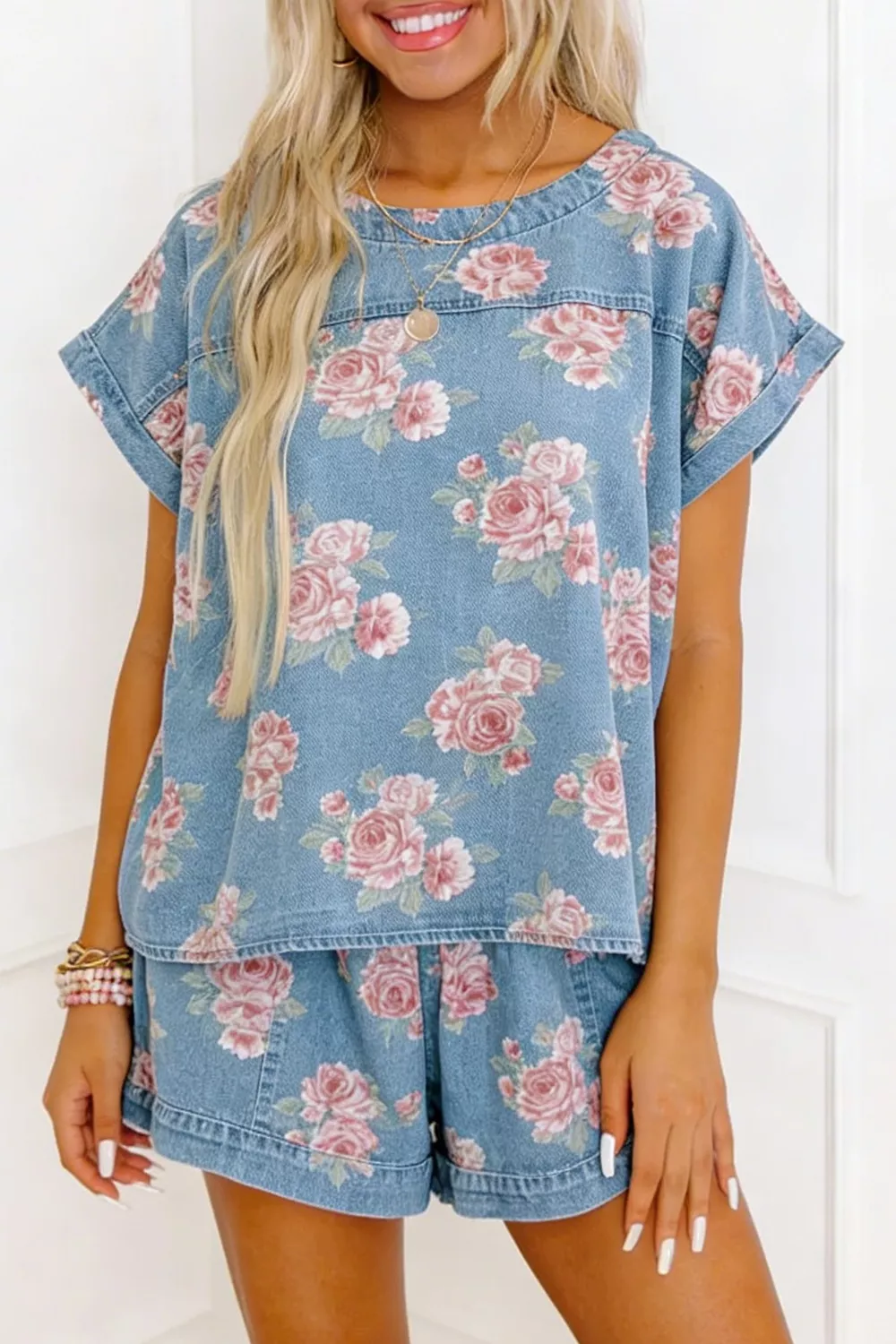 Floral Print Top and Shorts Denim Set - Image 4