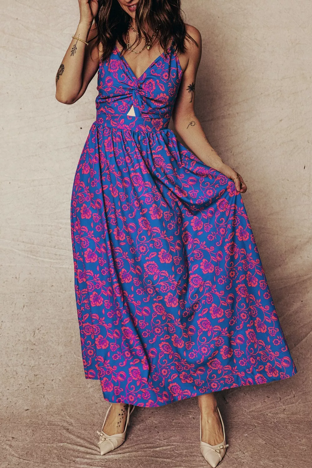 Floral Print Twisted V Neck Tied Backless Maxi Dress - Image 4