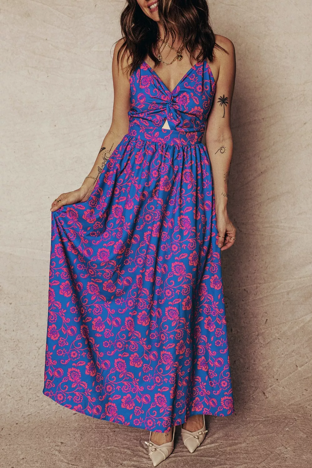 Floral Print Twisted V Neck Tied Backless Maxi Dress - Image 5
