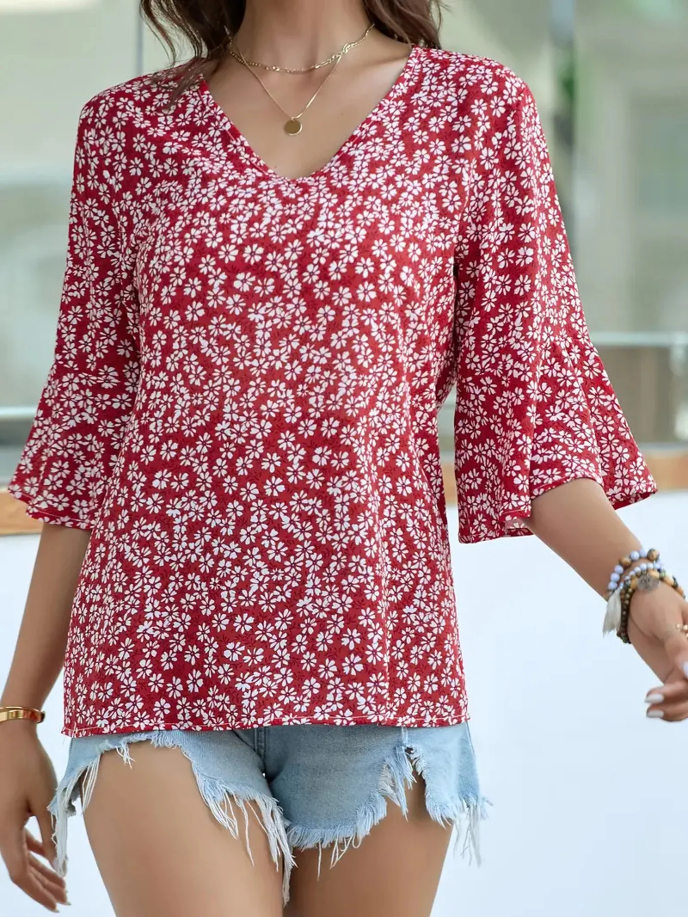 Floral Print V-Neck Bell Sleeve Blouse - Image 15