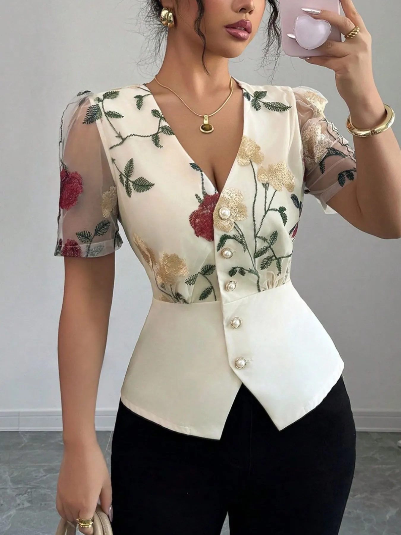 Floral Print V-Neck Button-Up Shirt - Image 4