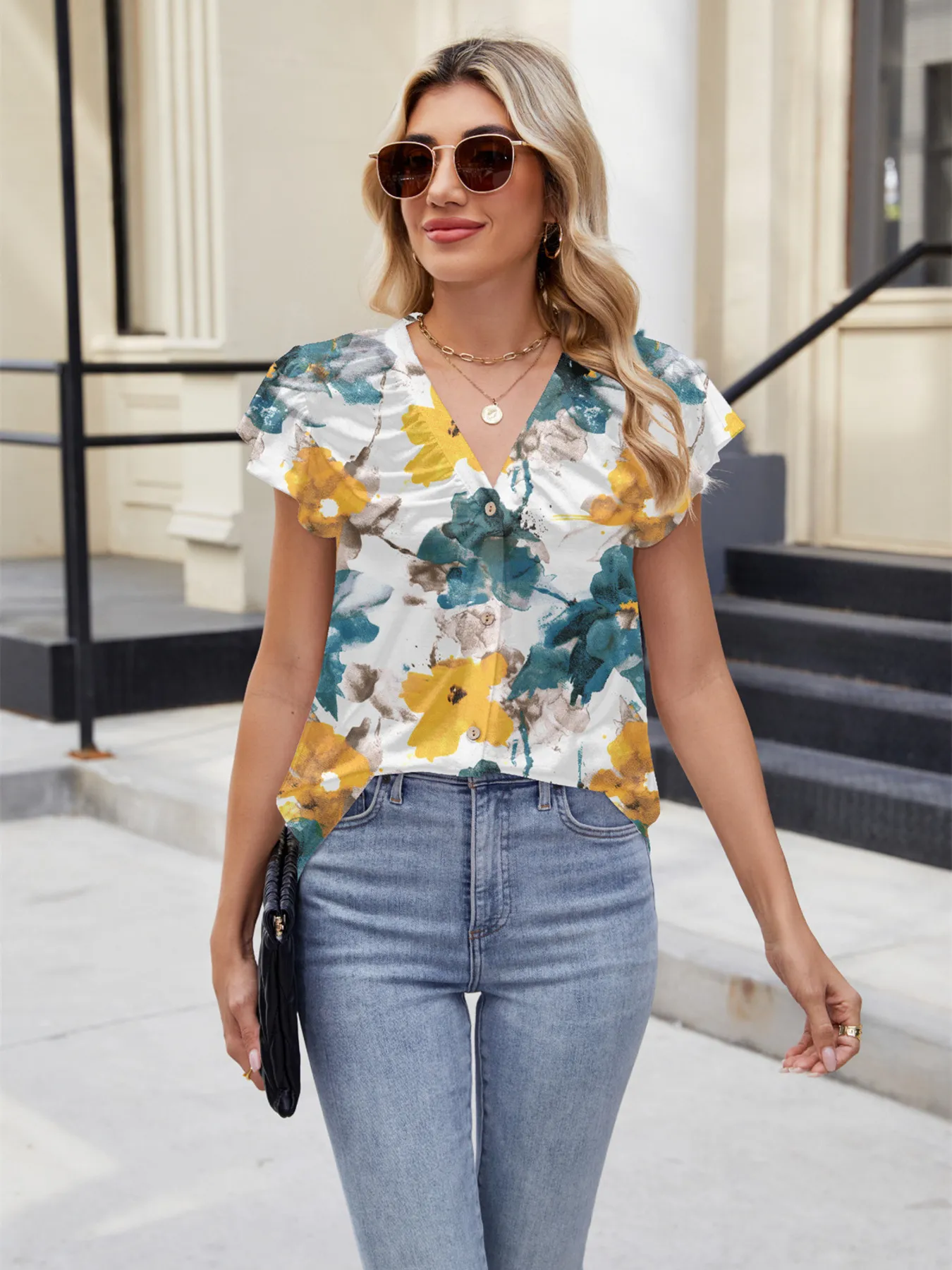 Floral Print V-Neck Cap Sleeve Casual Summer Blouse - Image 15