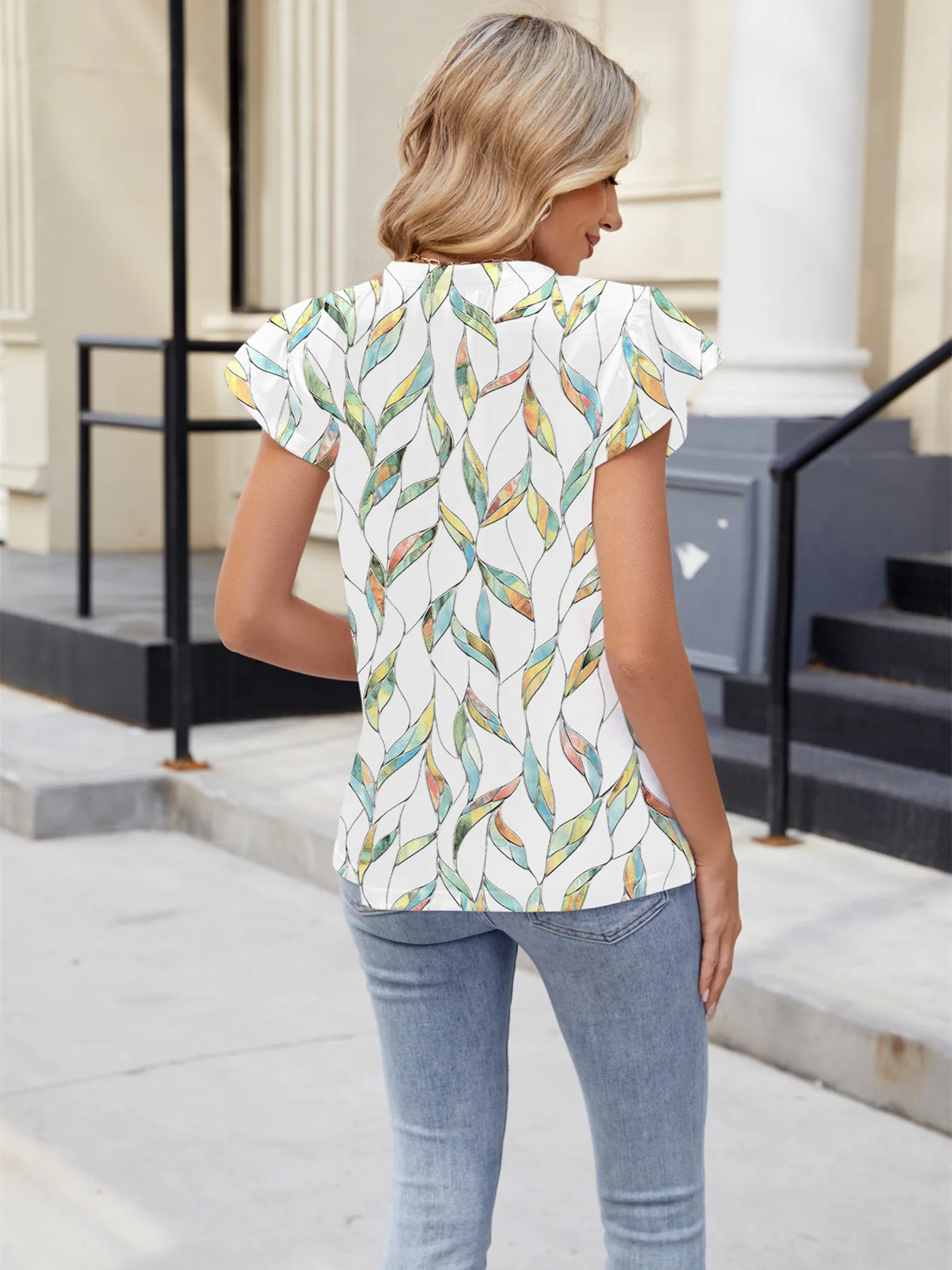 Floral Print V-Neck Cap Sleeve Casual Summer Blouse - Image 7