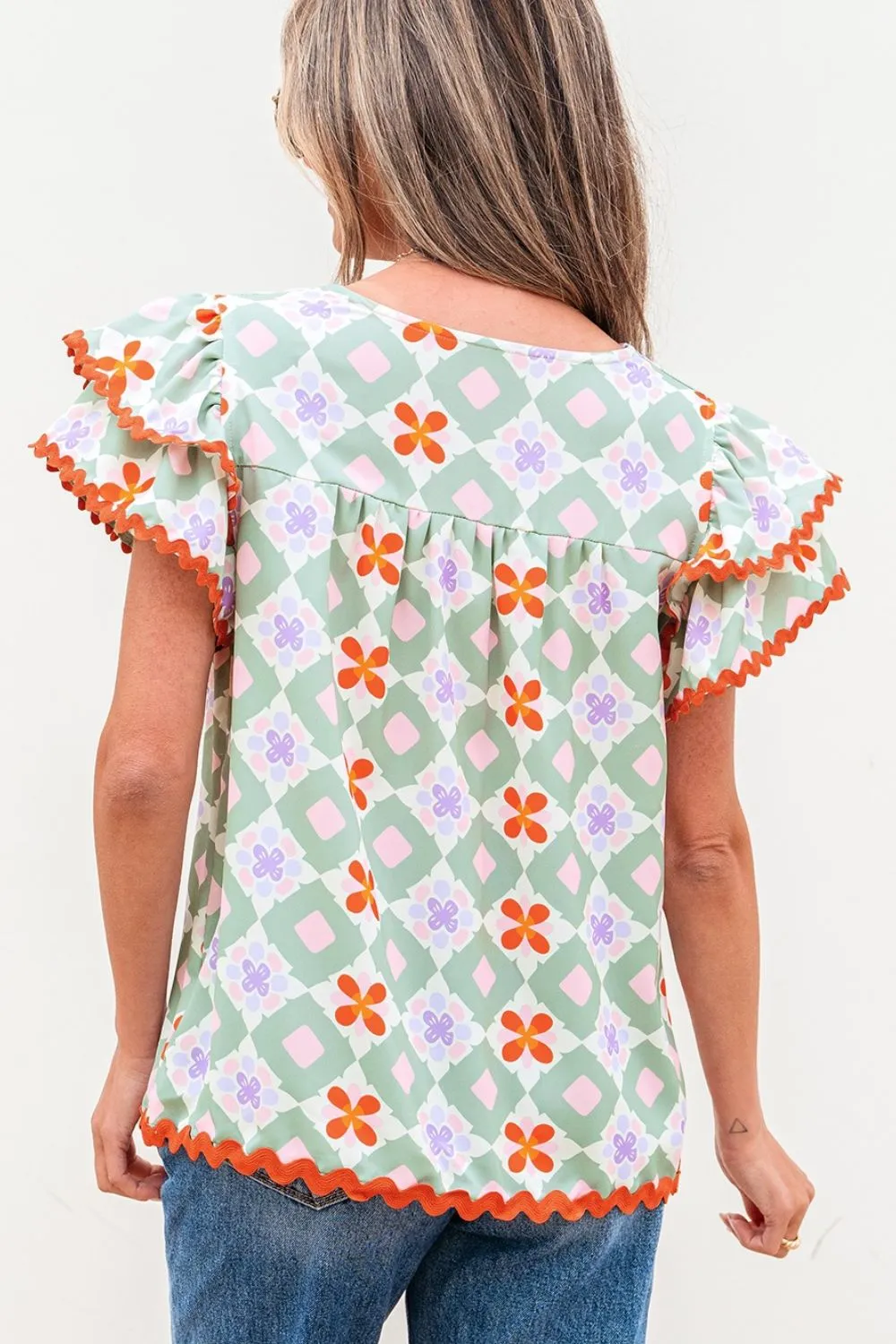 Floral Print V-neck Flutter Sleeve Blouse - Image 3