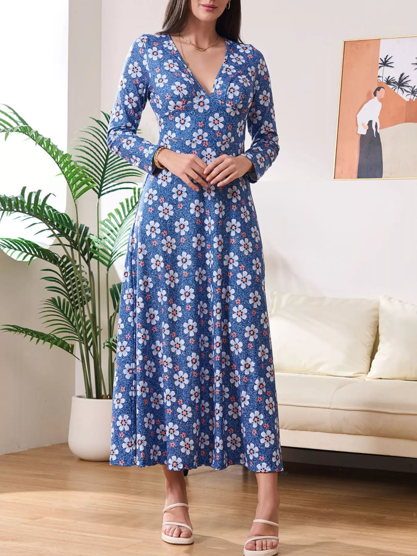 Floral Print V-Neck Long Sleeve Midi Dress - Image 3