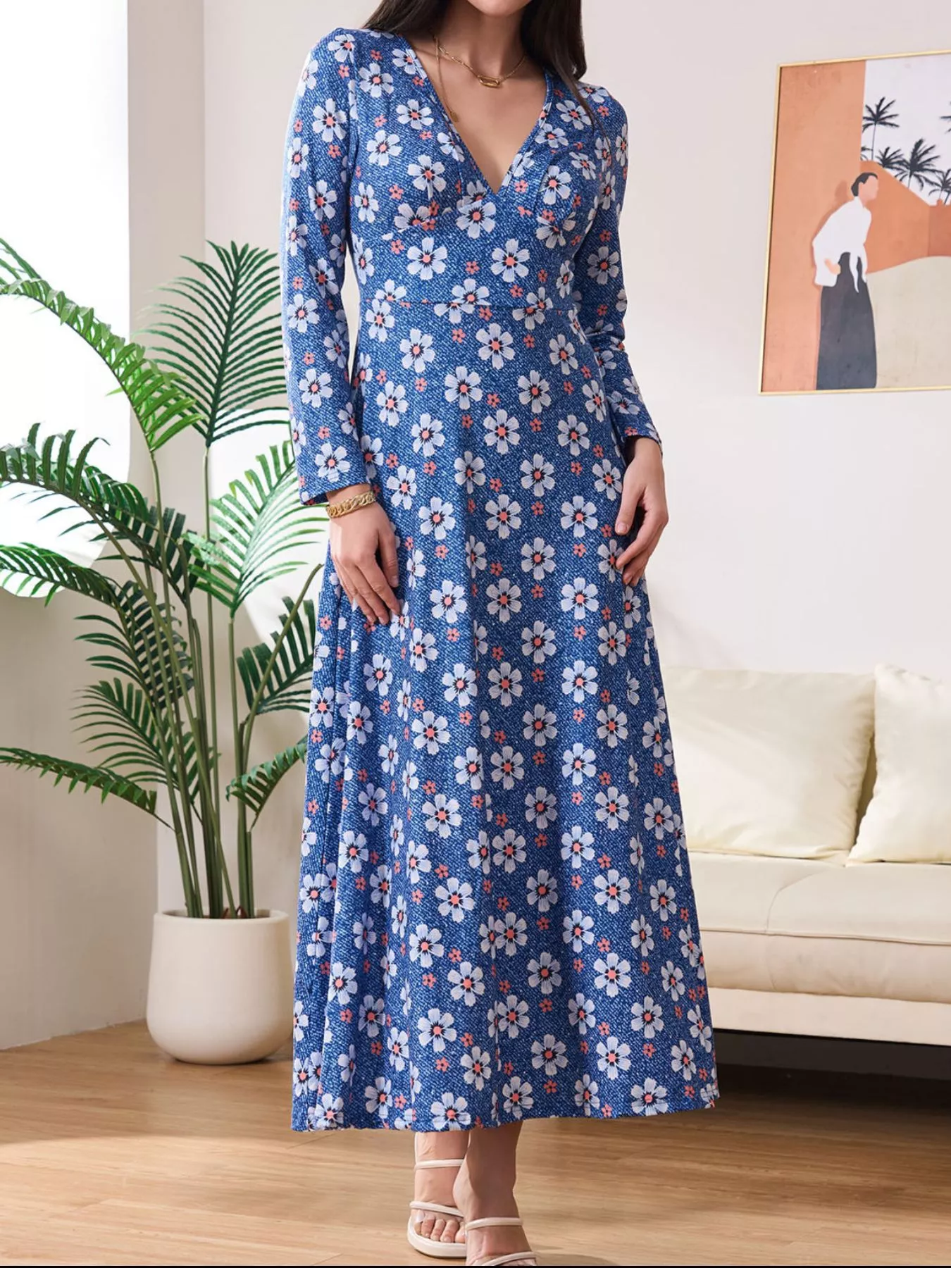Floral Print V-Neck Long Sleeve Midi Dress - Image 5