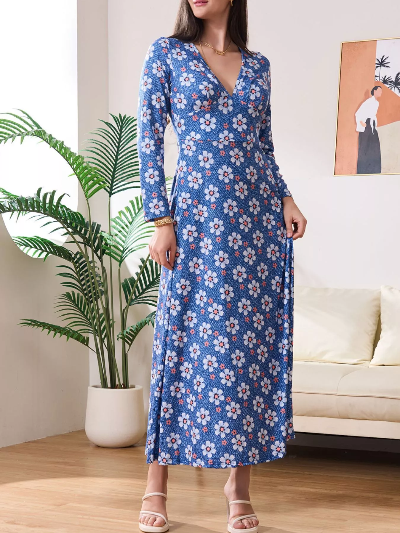 Floral Print V-Neck Long Sleeve Midi Dress - Image 7