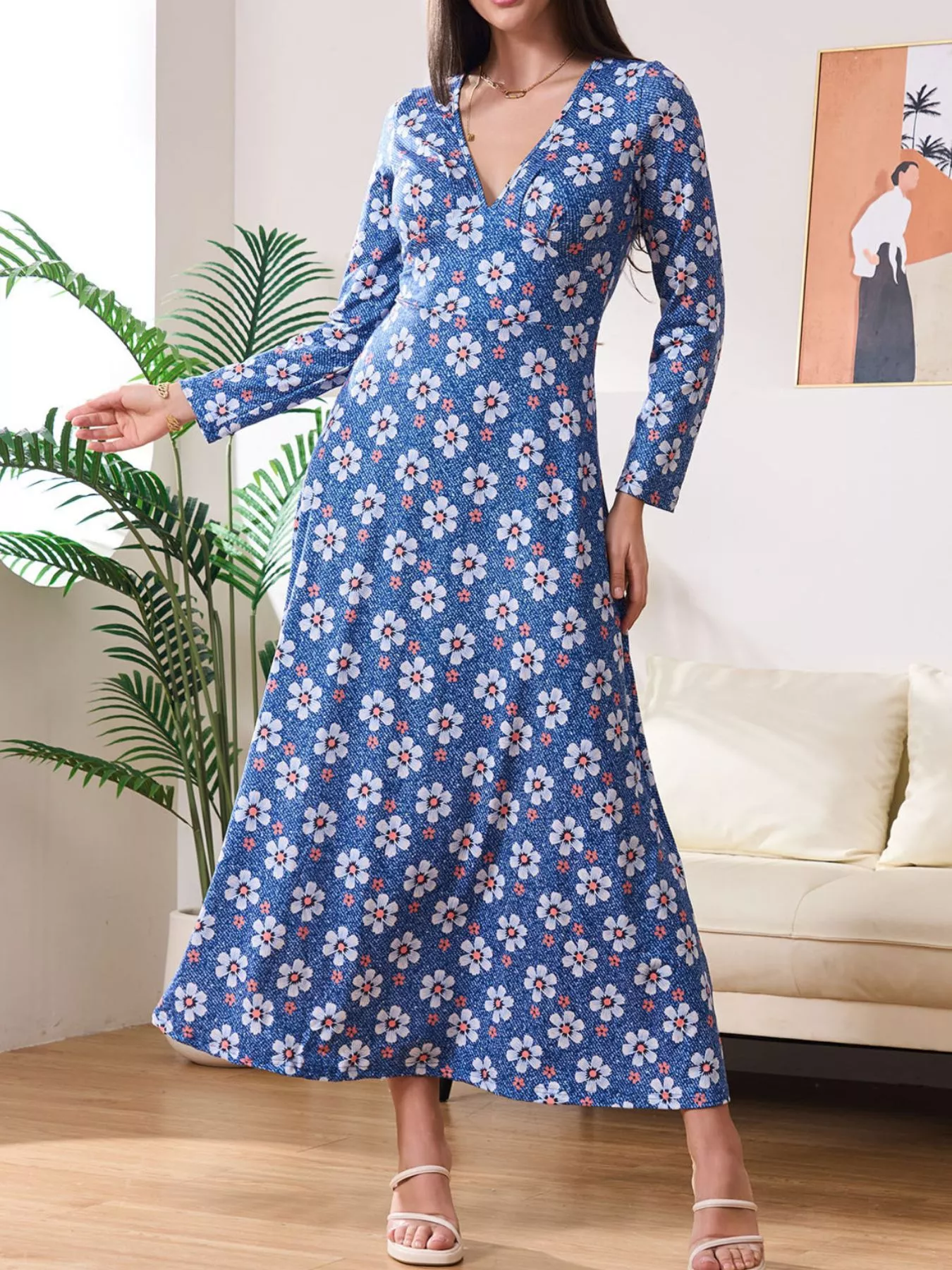Floral Print V-Neck Long Sleeve Midi Dress - Image 8