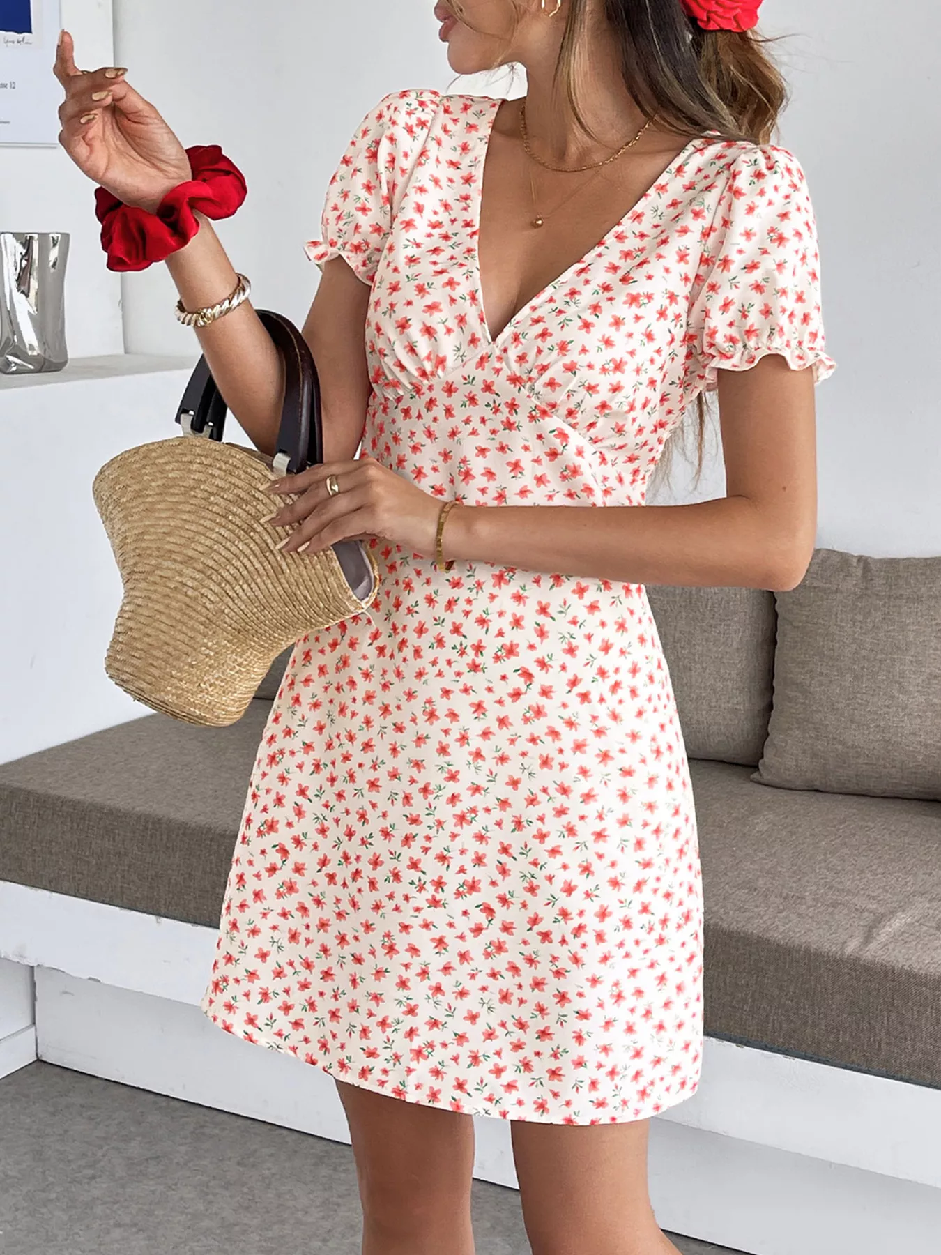 Floral Print V-Neck Puff Sleeve Mini Dress - Image 5