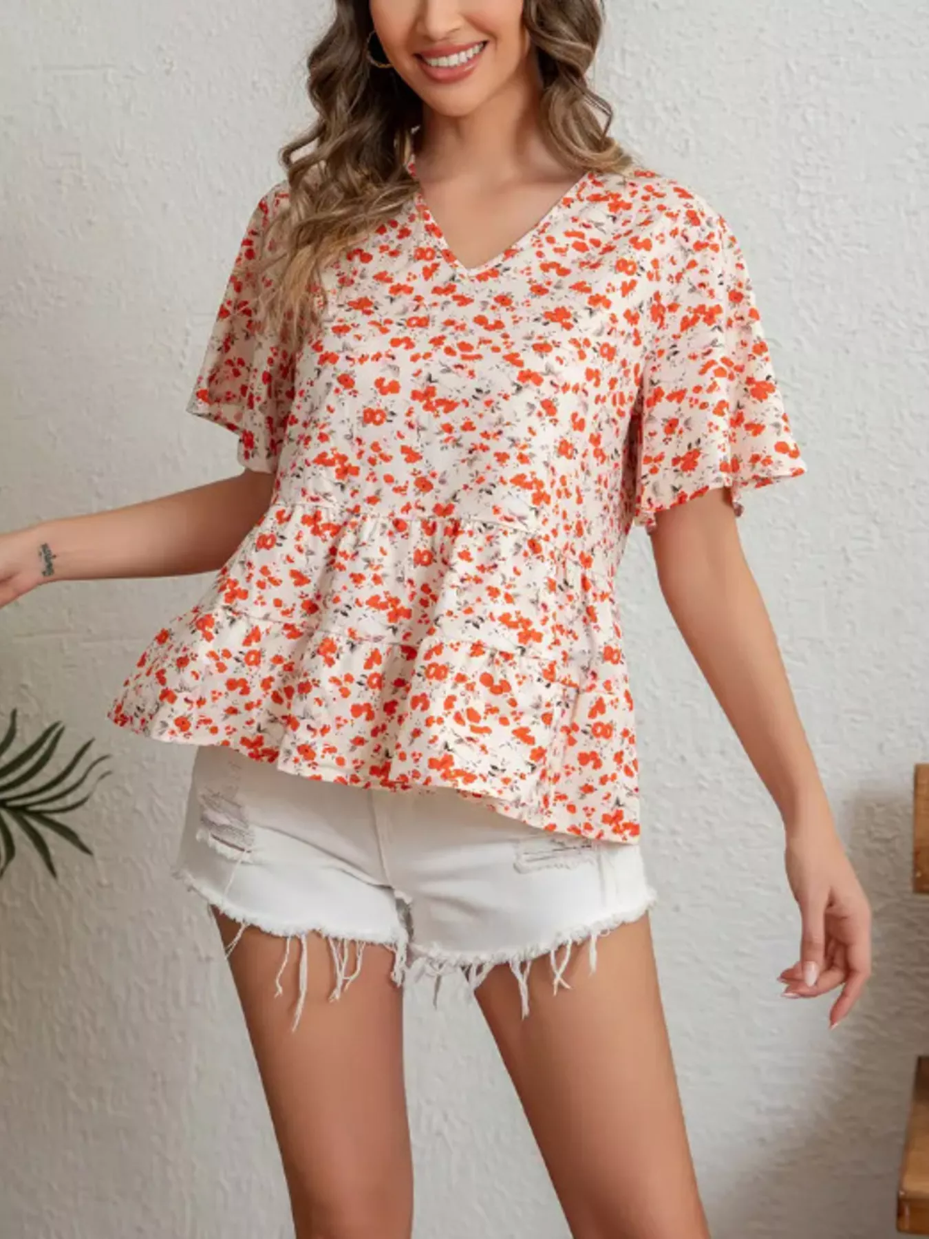 Floral Print V-Neck Ruffle Sleeve Peplum Blouse - Image 2