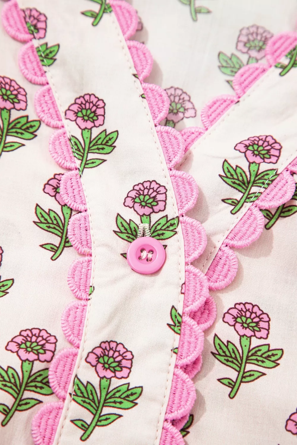 Floral Print V Neck Scallop Trim Button Front Short Sleeve Dress - Image 12