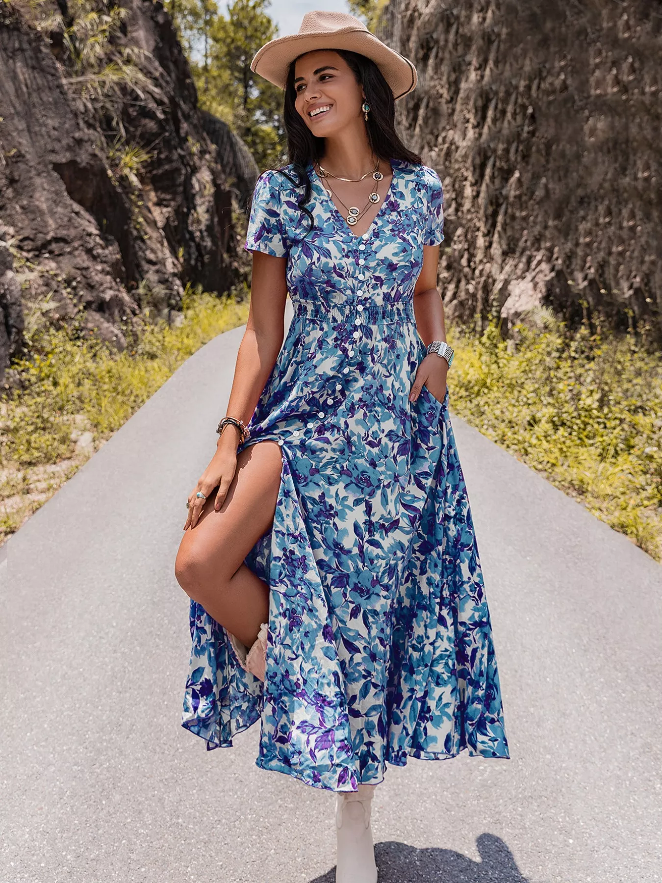 Floral Print V-Neck Slit Midi Dress - Image 2