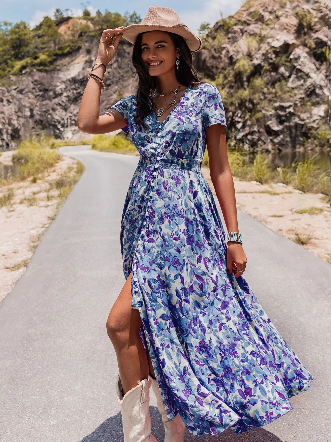Floral Print V-Neck Slit Midi Dress - Image 3