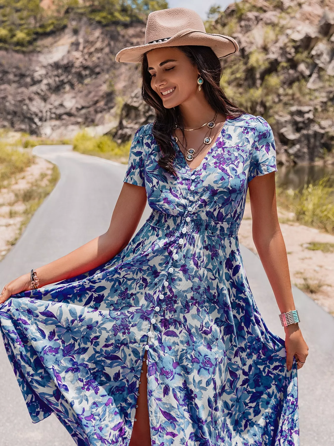 Floral Print V-Neck Slit Midi Dress - Image 4