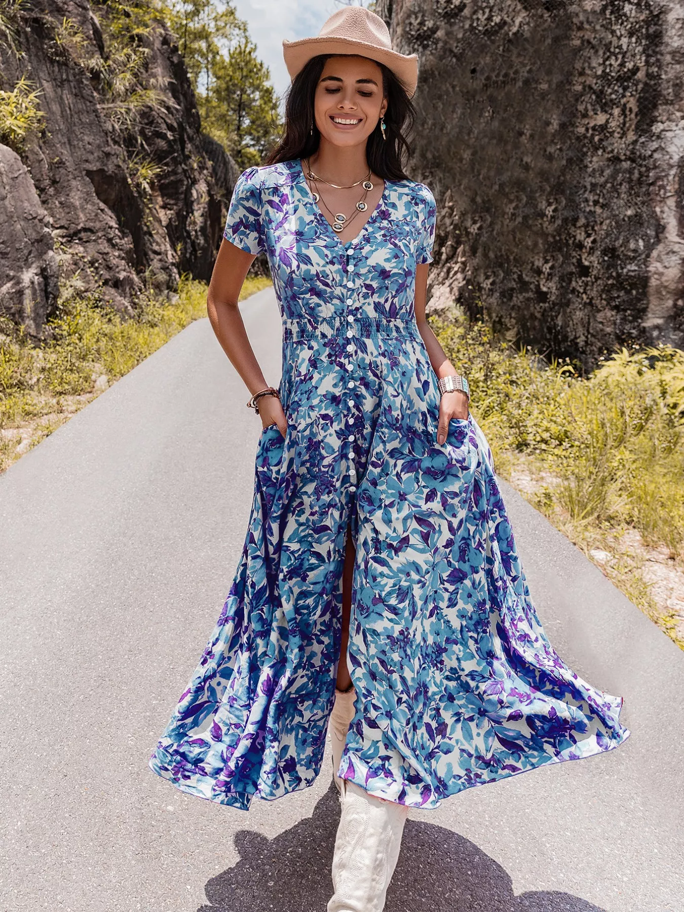 Floral Print V-Neck Slit Midi Dress - Image 5