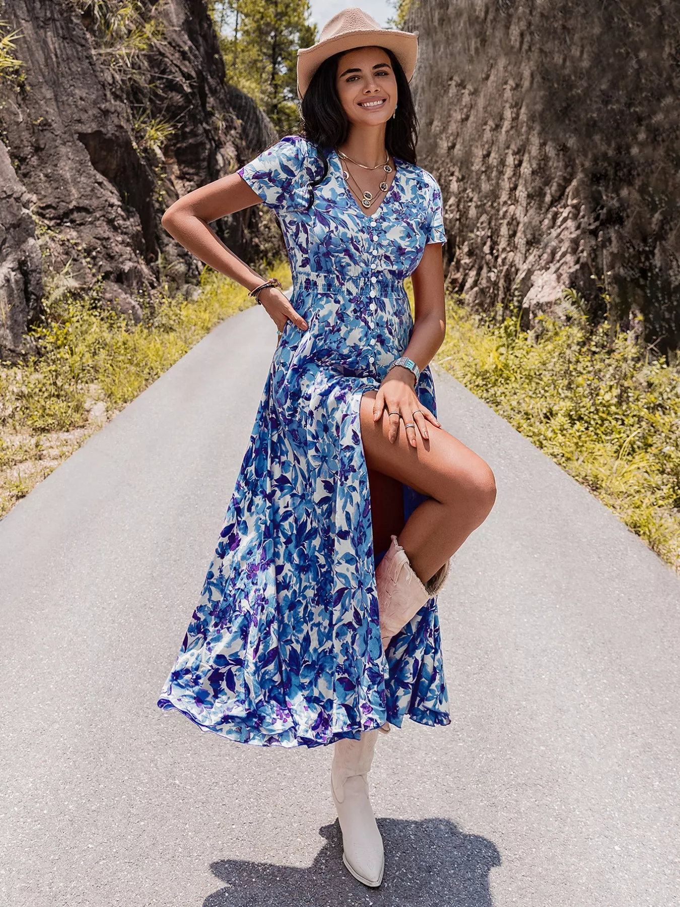 Floral Print V-Neck Slit Midi Dress - Image 6