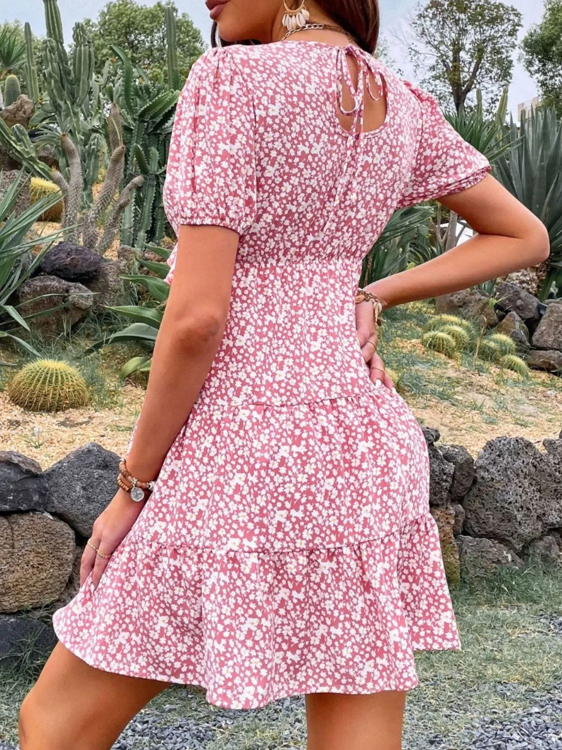 Floral Print Wrap Mini Dress with Puff Sleeves - Image 3