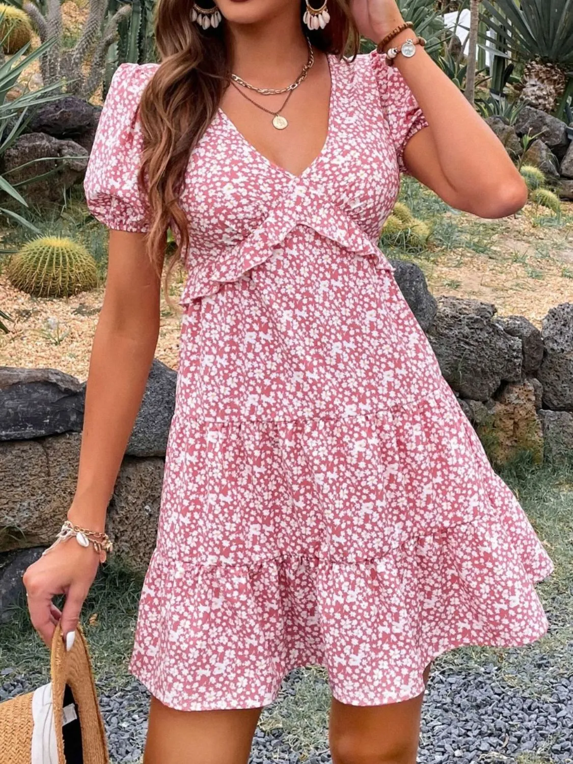 Floral Print Wrap Mini Dress with Puff Sleeves - Image 4
